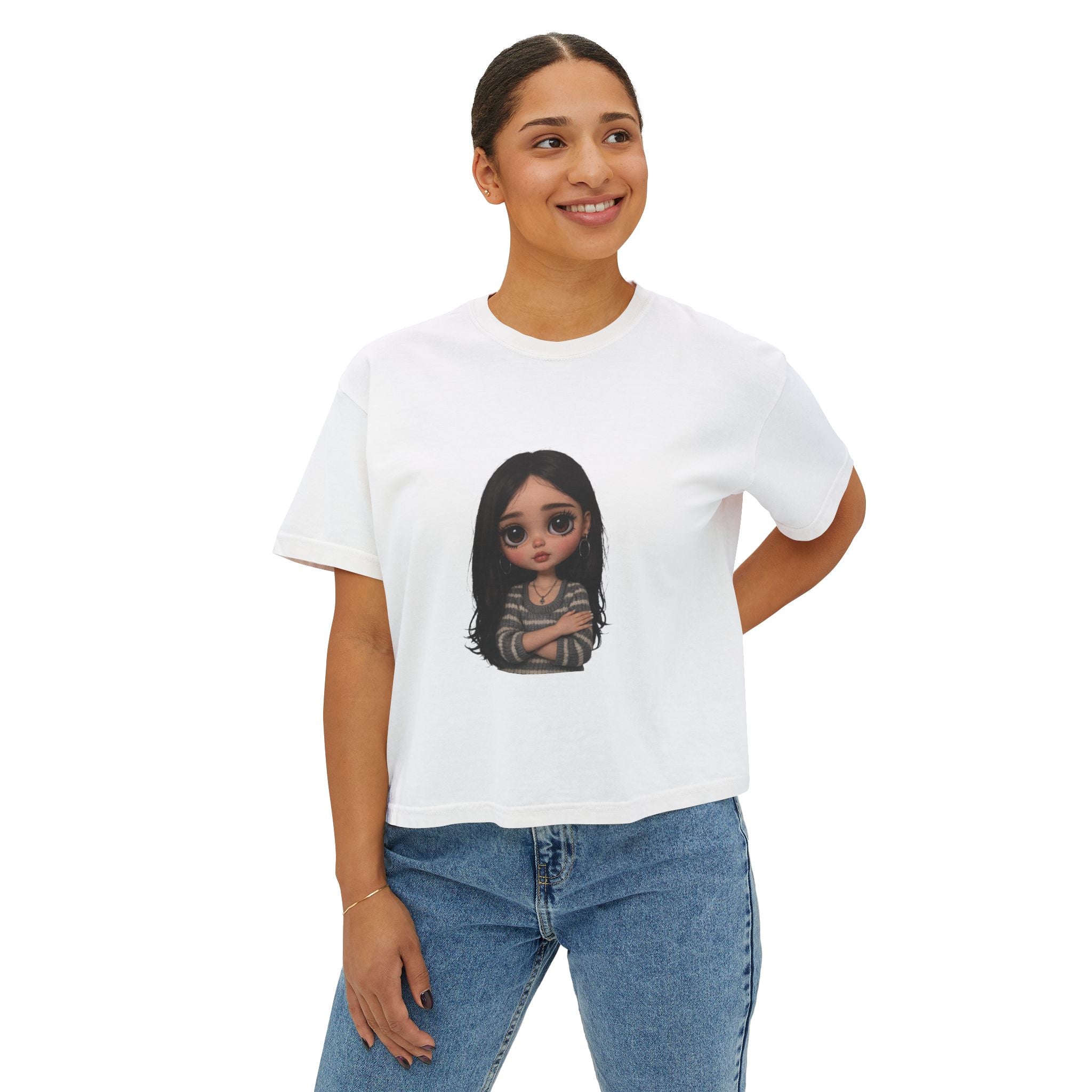 Cute Doll Graphic Boxy Tee — Long Black Hair Girl Illustration