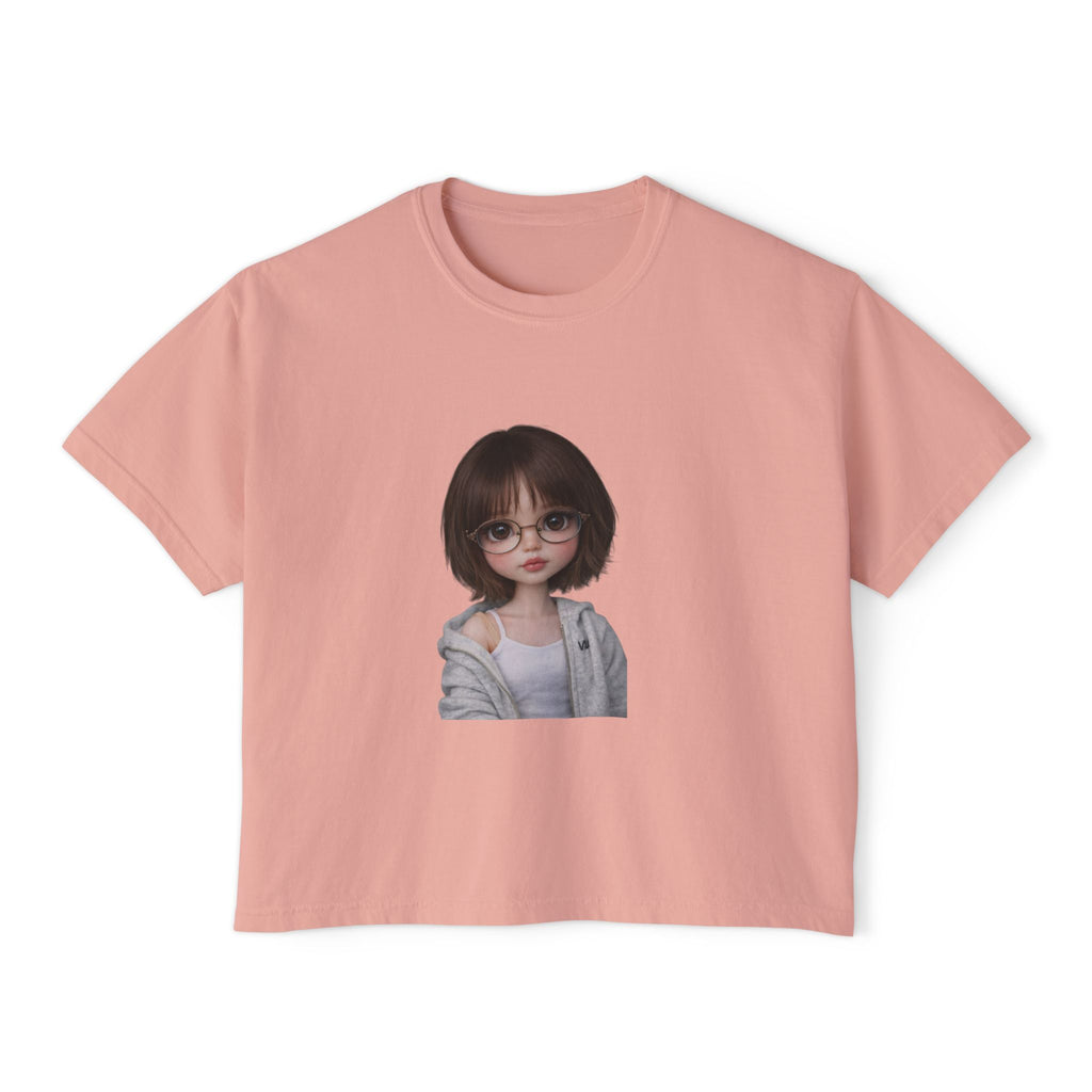 Cute Doll Face Women's Boxy Tee — Short Bob Glasses Graphic Top