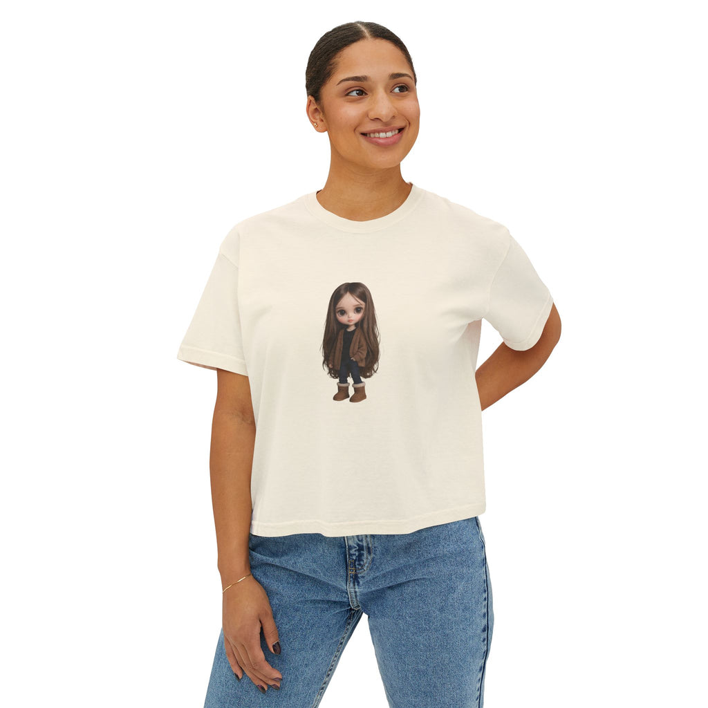 Cute Brown-Haired Doll Graphic Tee — Women's Boxy T-Shirt