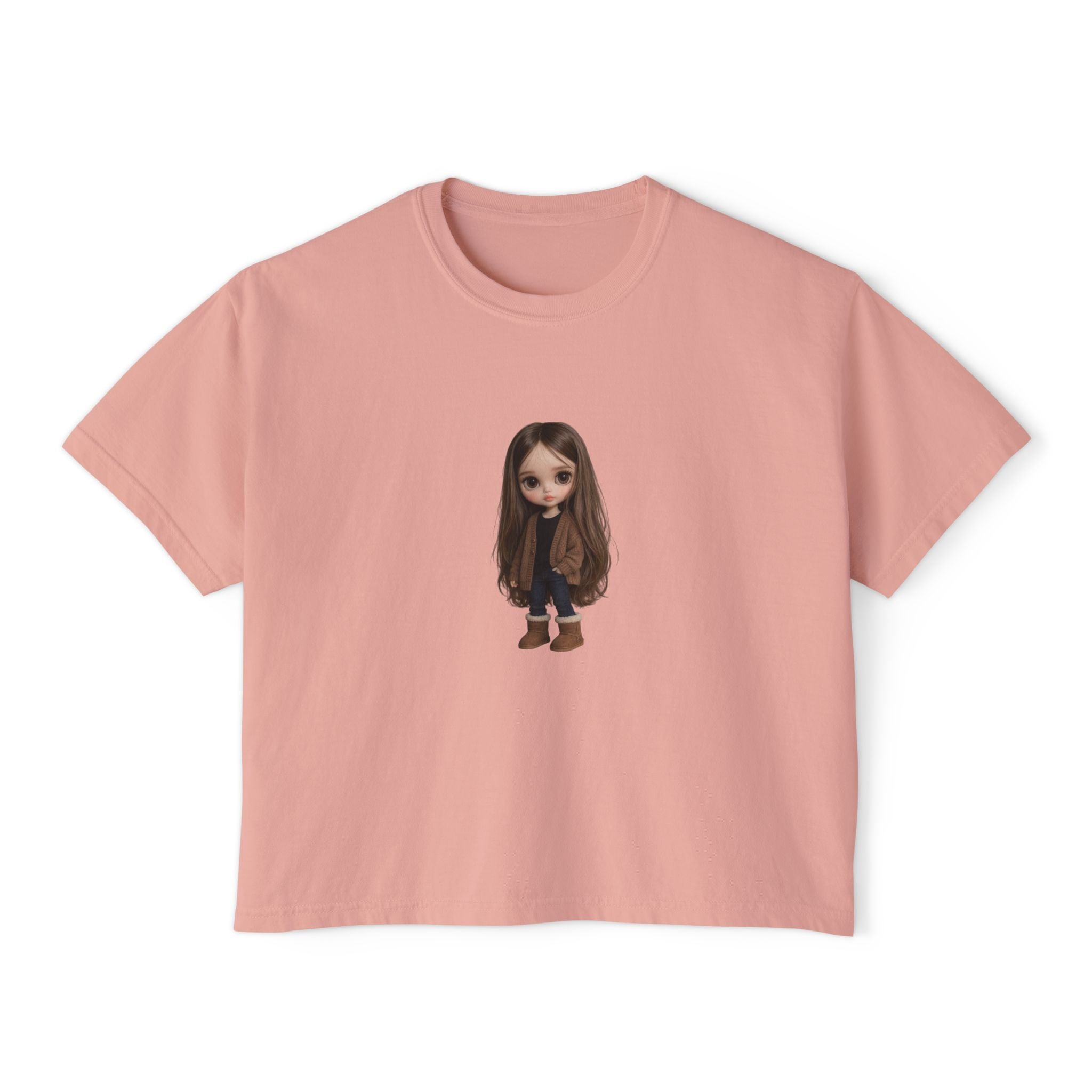 Cute Brown-Haired Doll Graphic Tee — Women's Boxy T-Shirt