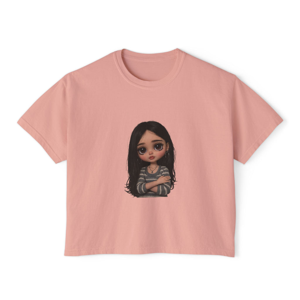 Cute Doll Graphic Boxy Tee — Long Black Hair Girl Illustration