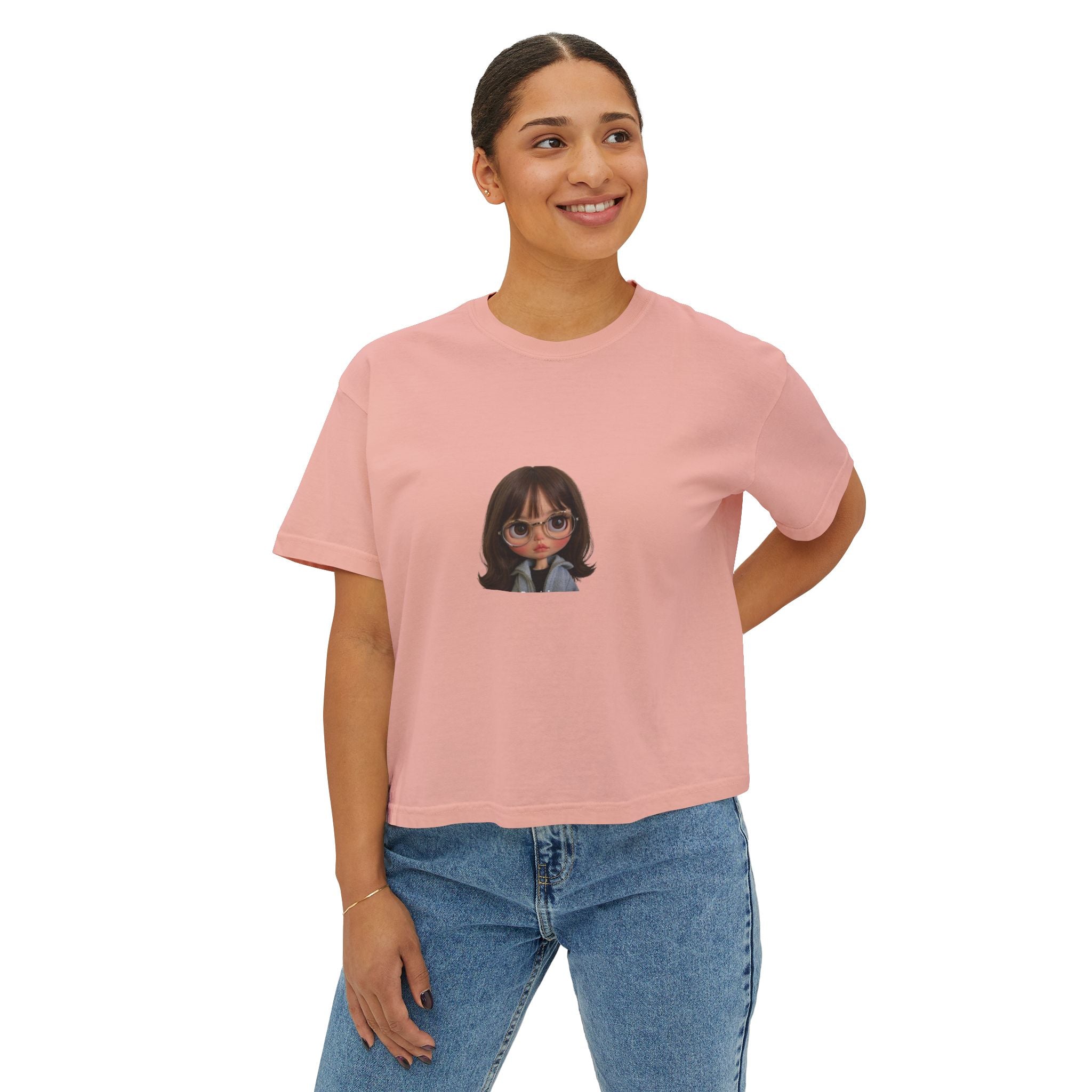 Boxy Tee — Cute Cartoon Girl Graphic Crop Shirt