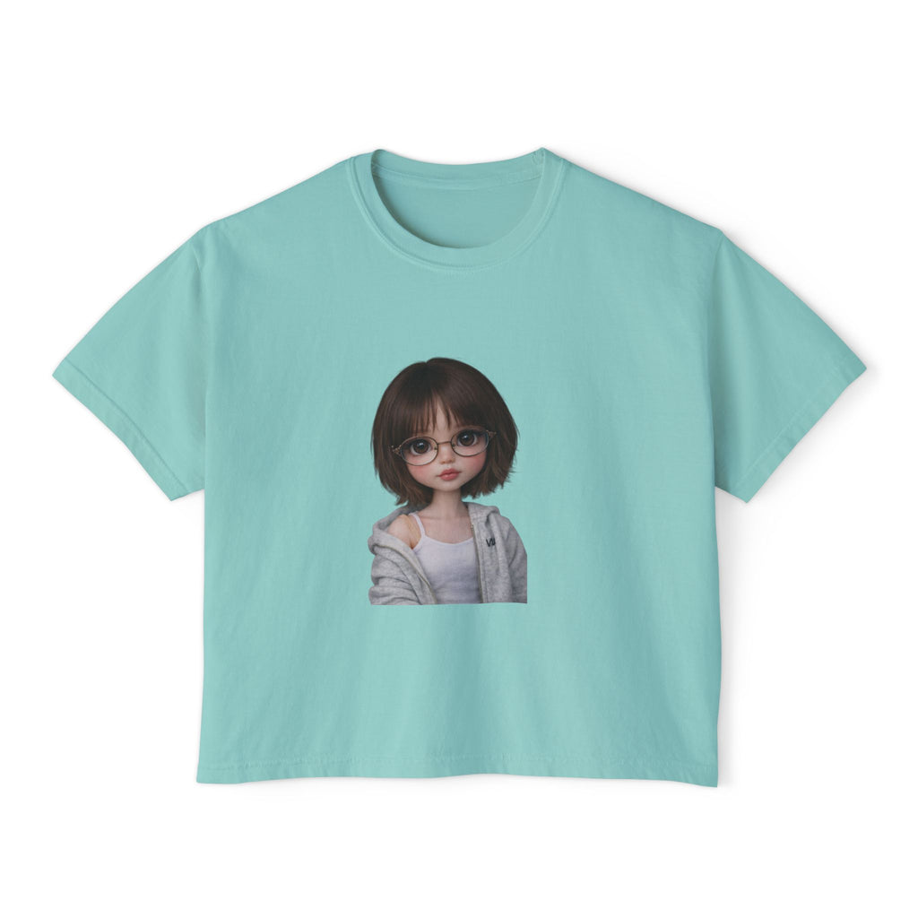 Cute Doll Face Women's Boxy Tee — Short Bob Glasses Graphic Top