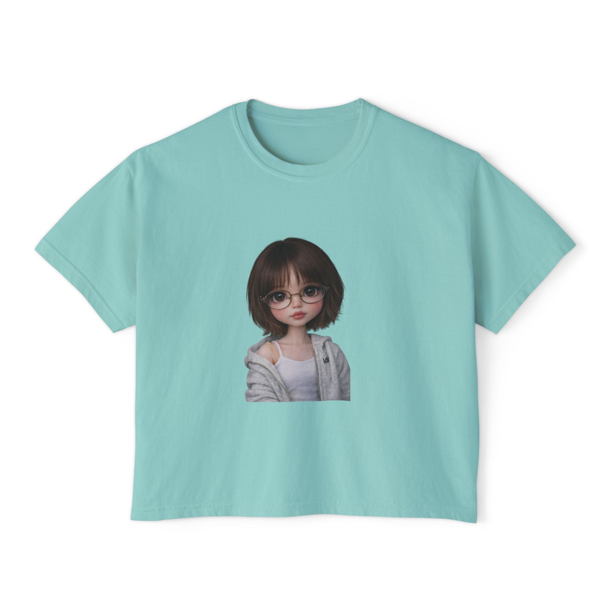 Cute Doll Face Women's Boxy Tee — Short Bob Glasses Graphic Top