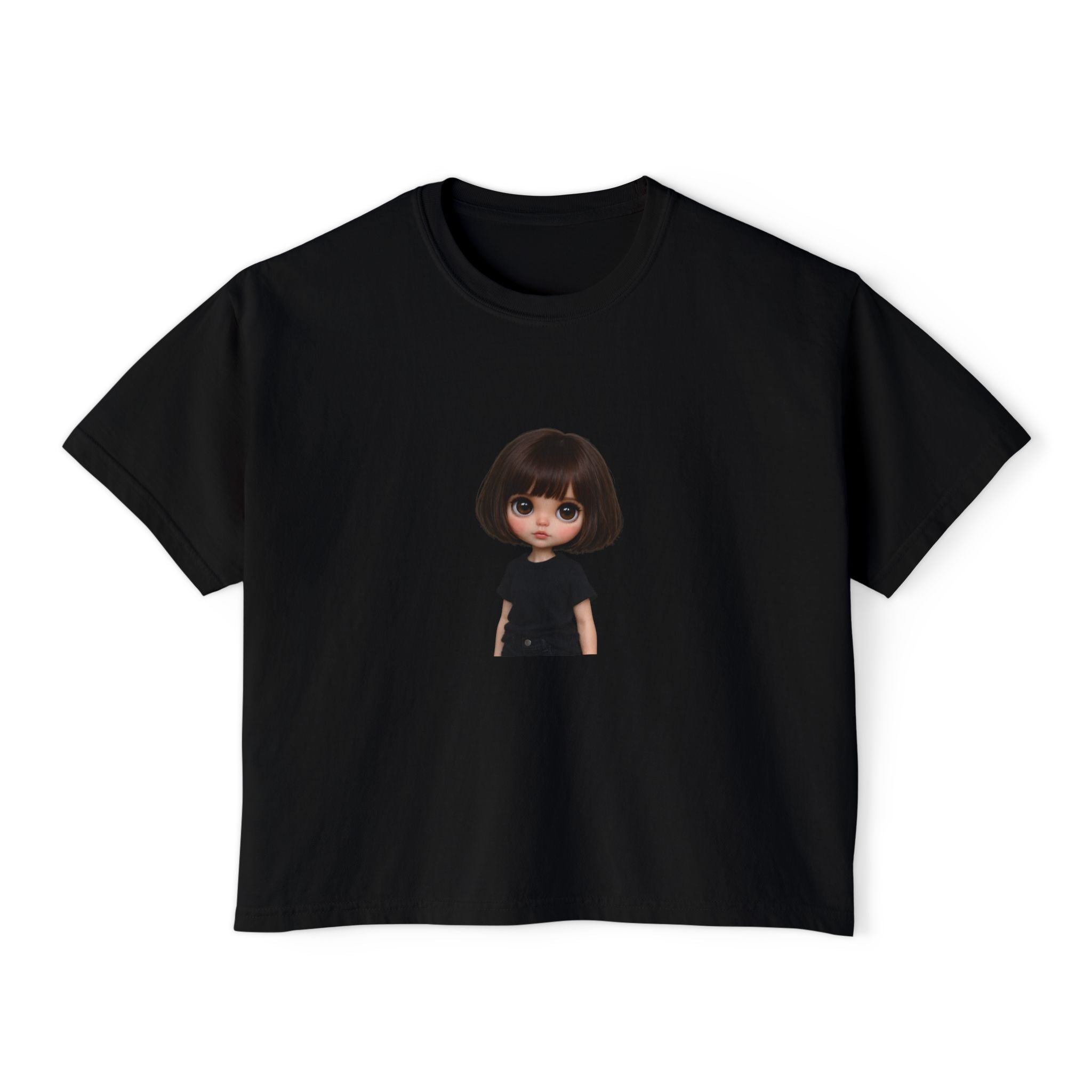 Boxy Tee with Cute Doll Graphic — Women's Casual Cropped T‑Shirt