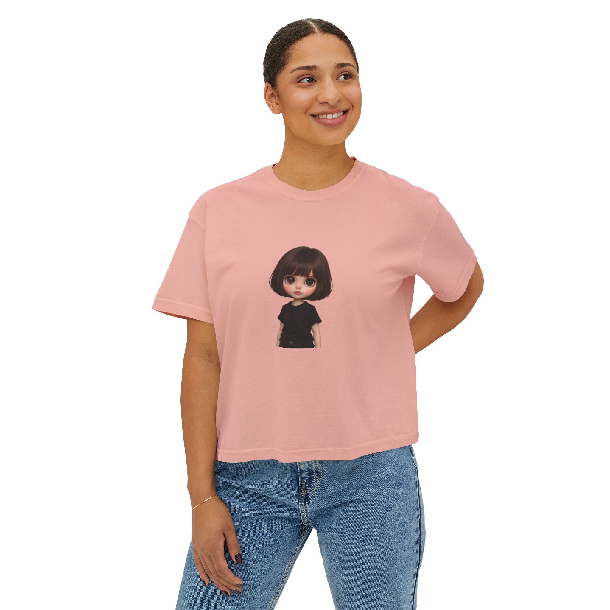 Boxy Tee with Cute Doll Graphic — Women's Casual Cropped T‑Shirt