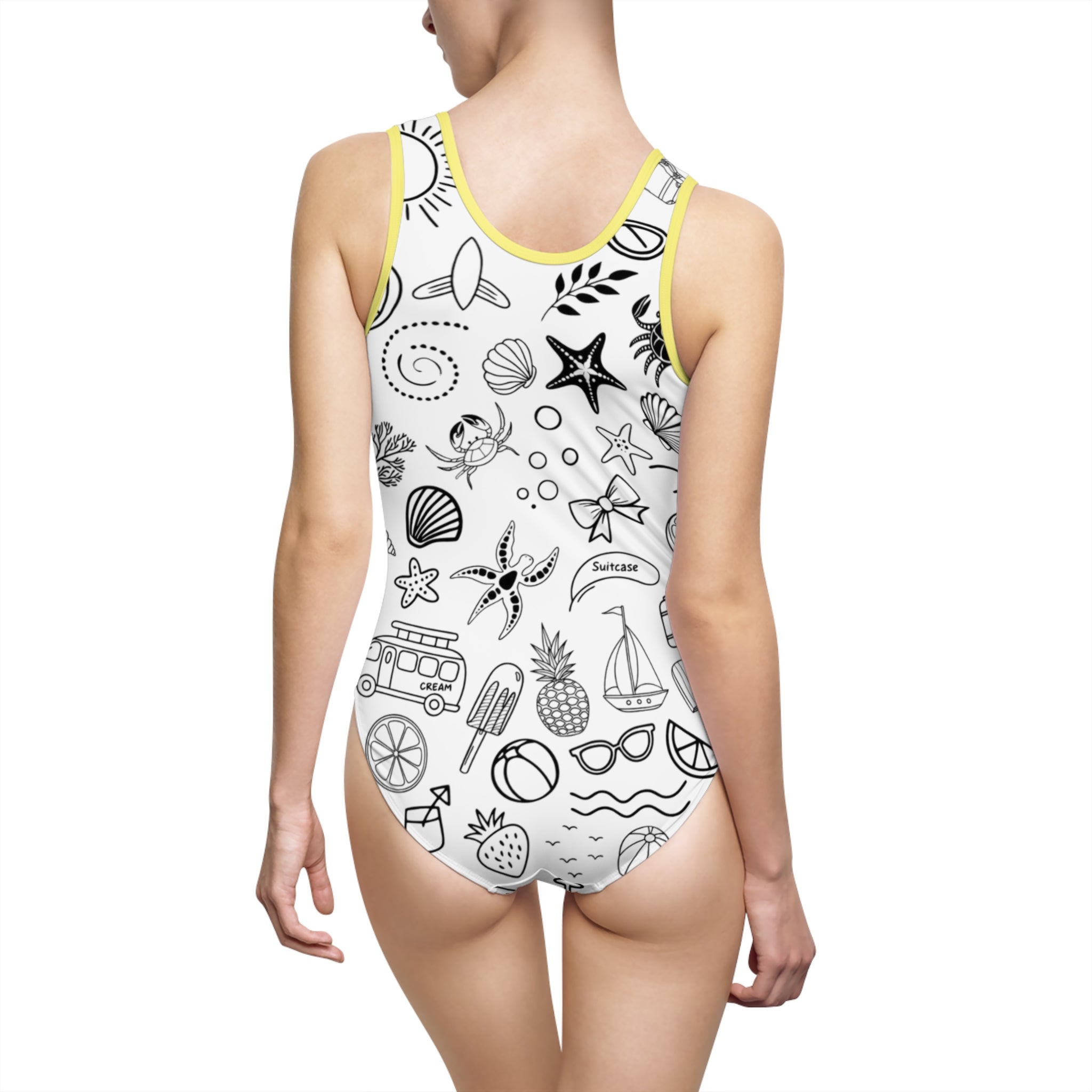 Beach Motif One-Piece Swimsuit — Black & White Seashell, Starfish & Sailboat Print