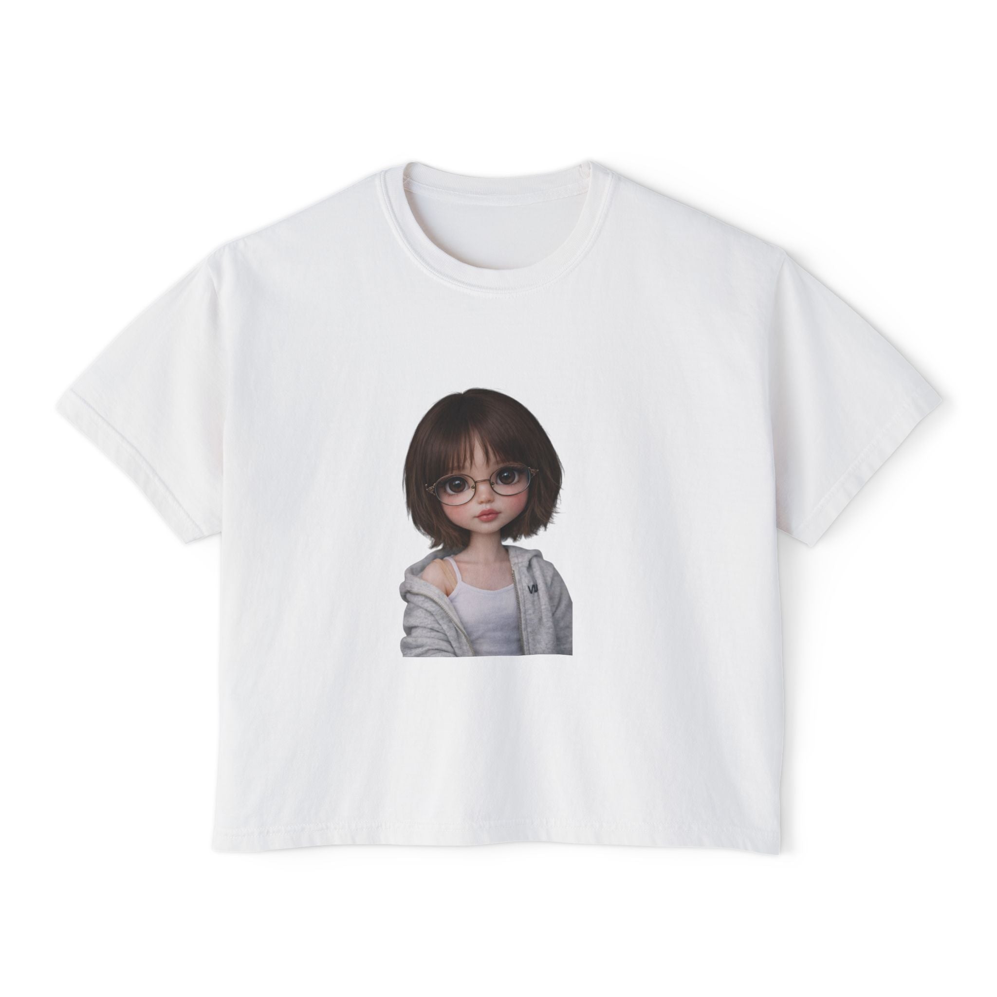 Cute Doll Face Women's Boxy Tee — Short Bob Glasses Graphic Top