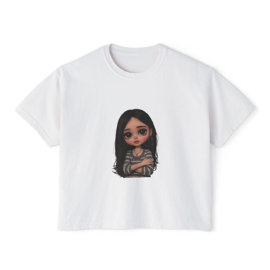 Cute Doll Graphic Boxy Tee — Long Black Hair Girl Illustration