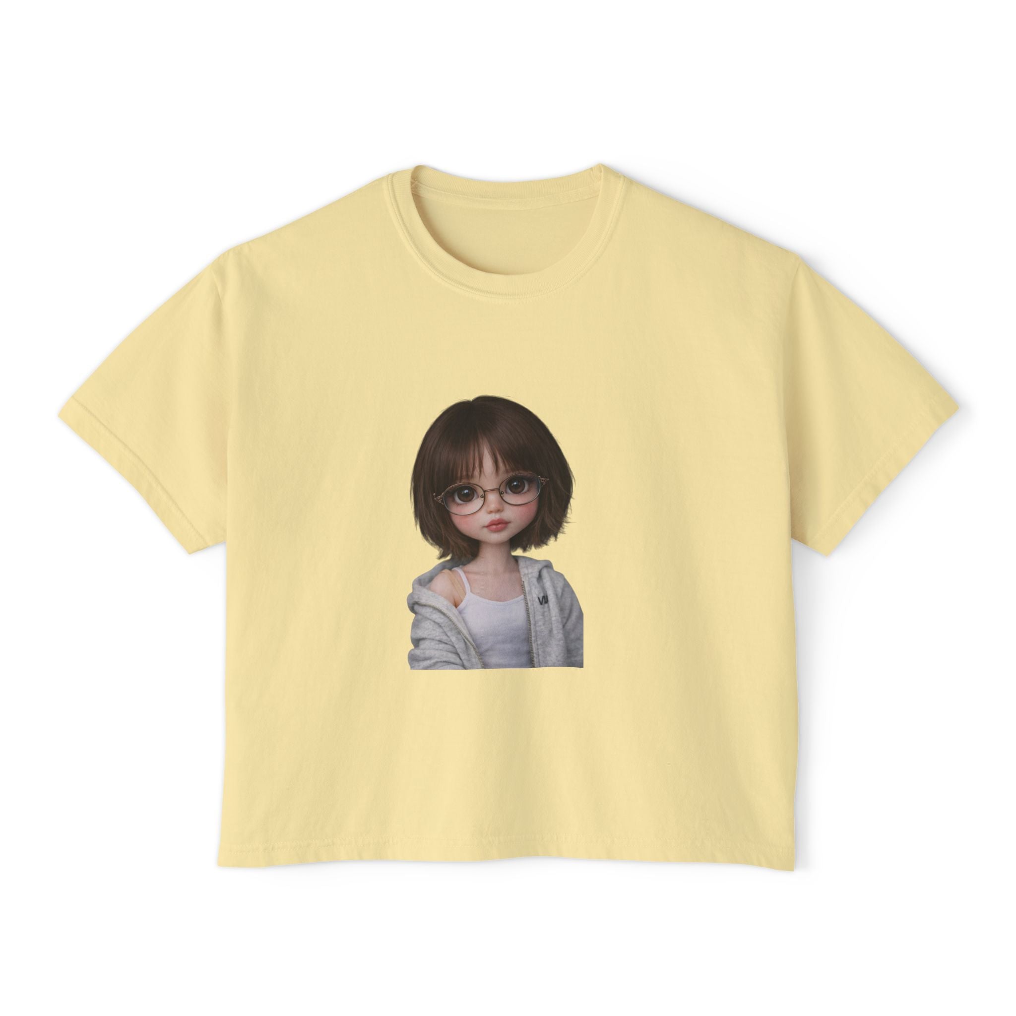 Cute Doll Face Women's Boxy Tee — Short Bob Glasses Graphic Top