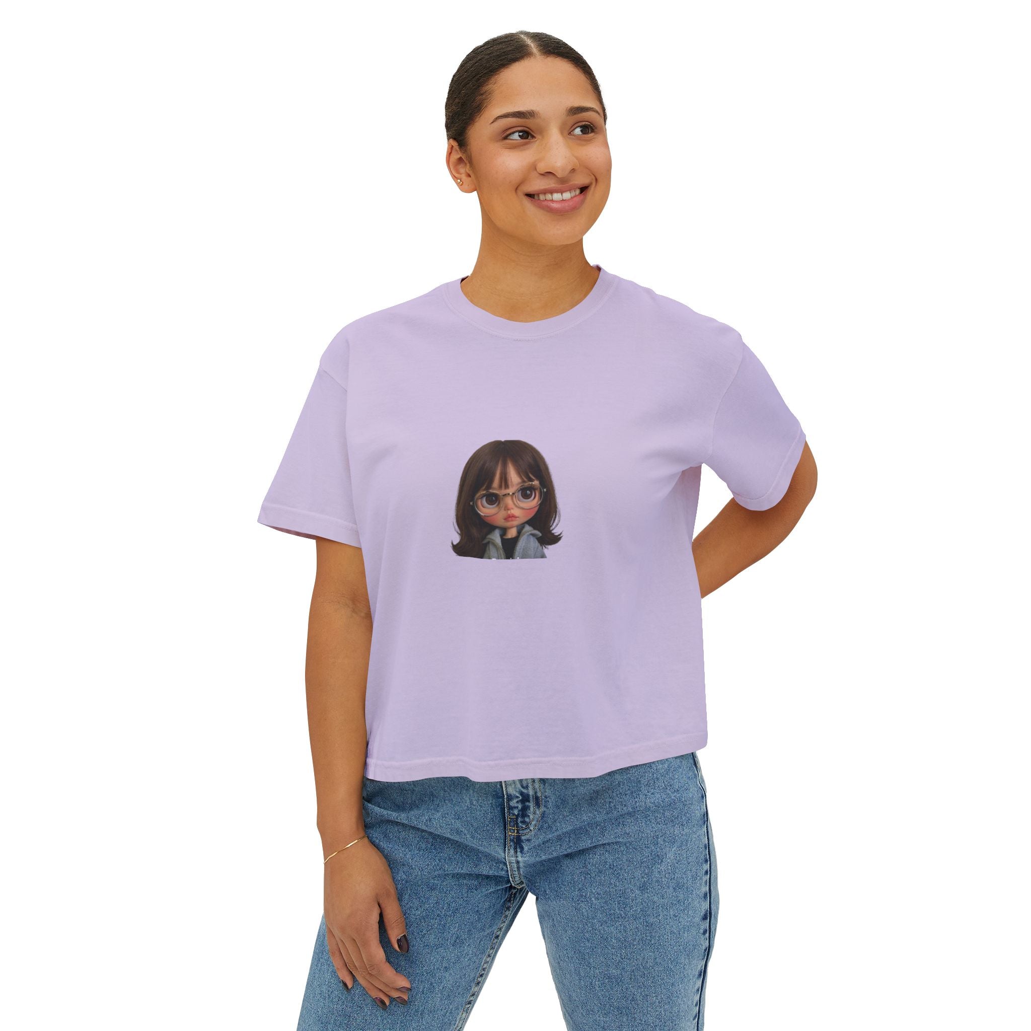 Boxy Tee — Cute Cartoon Girl Graphic Crop Shirt