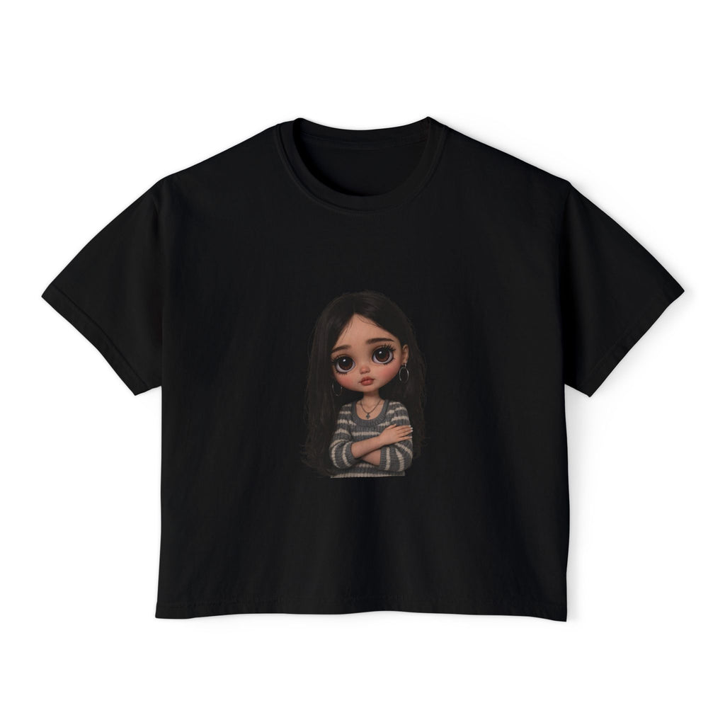 Cute Doll Graphic Boxy Tee — Long Black Hair Girl Illustration