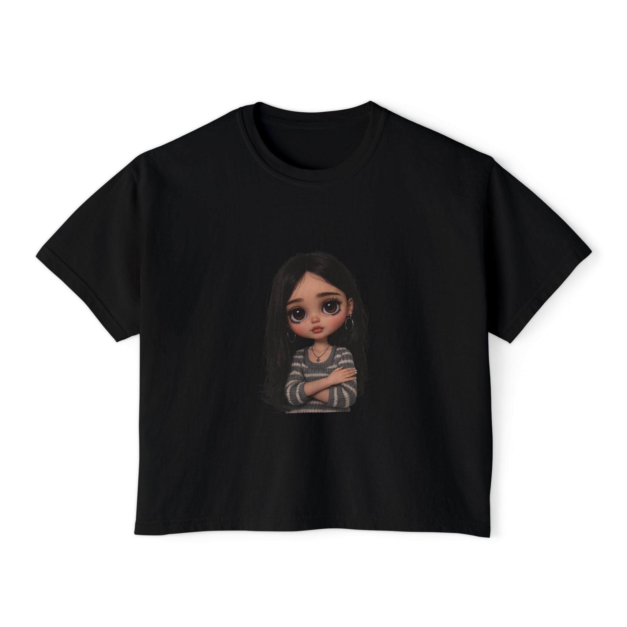 Cute Doll Graphic Boxy Tee — Long Black Hair Girl Illustration
