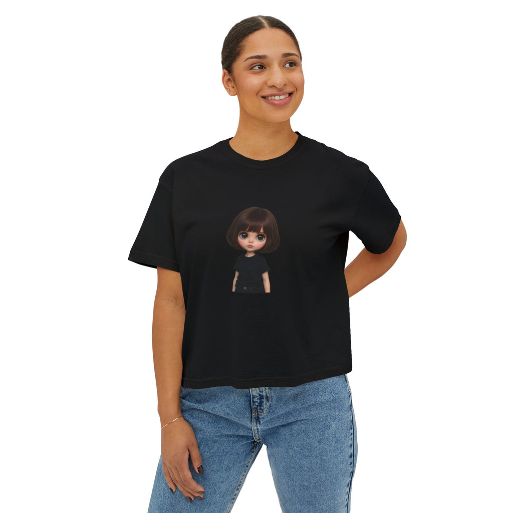 Boxy Tee with Cute Doll Graphic — Women's Casual Cropped T‑Shirt