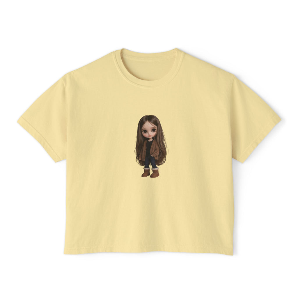 Cute Brown-Haired Doll Graphic Tee — Women's Boxy T-Shirt
