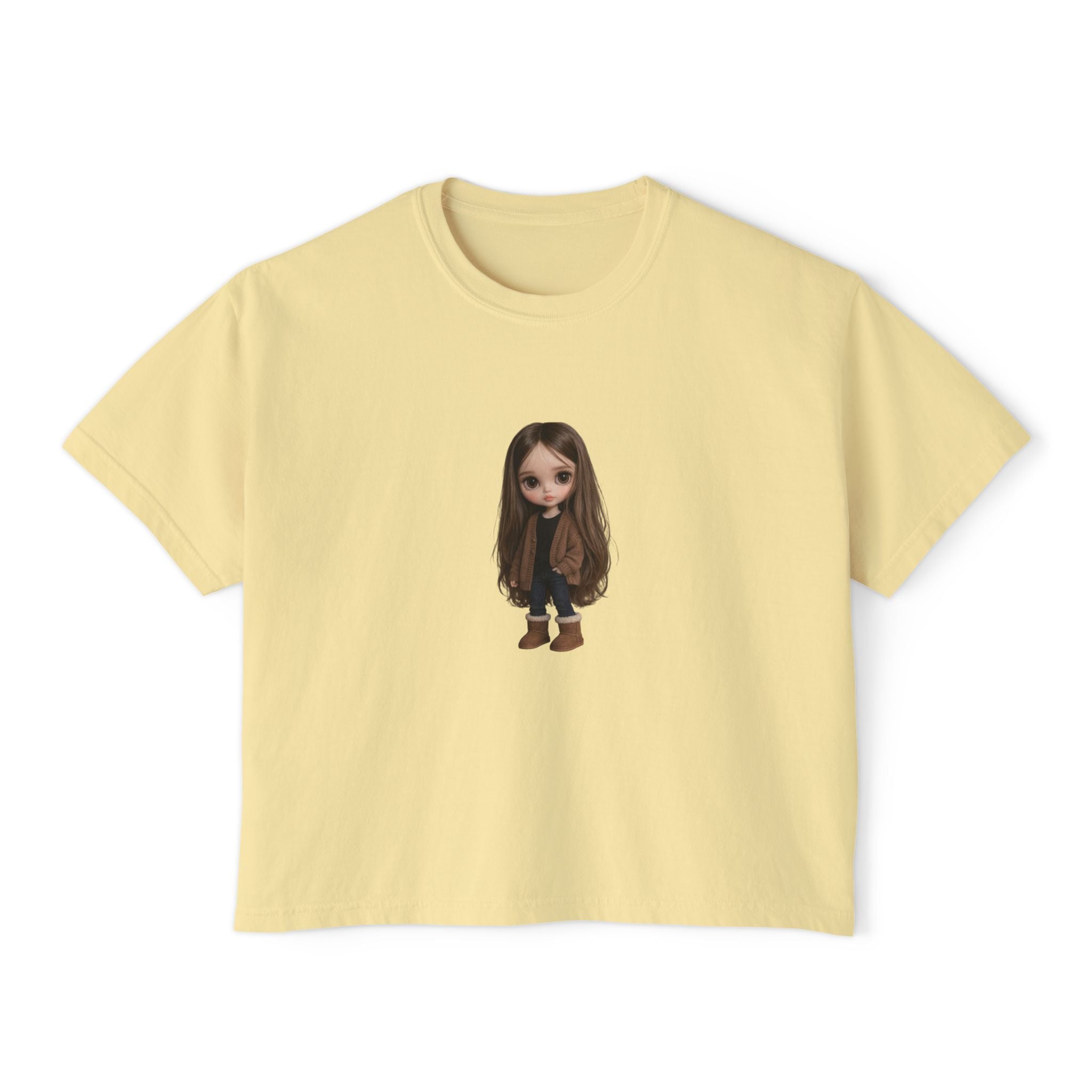 Cute Brown-Haired Doll Graphic Tee — Women's Boxy T-Shirt