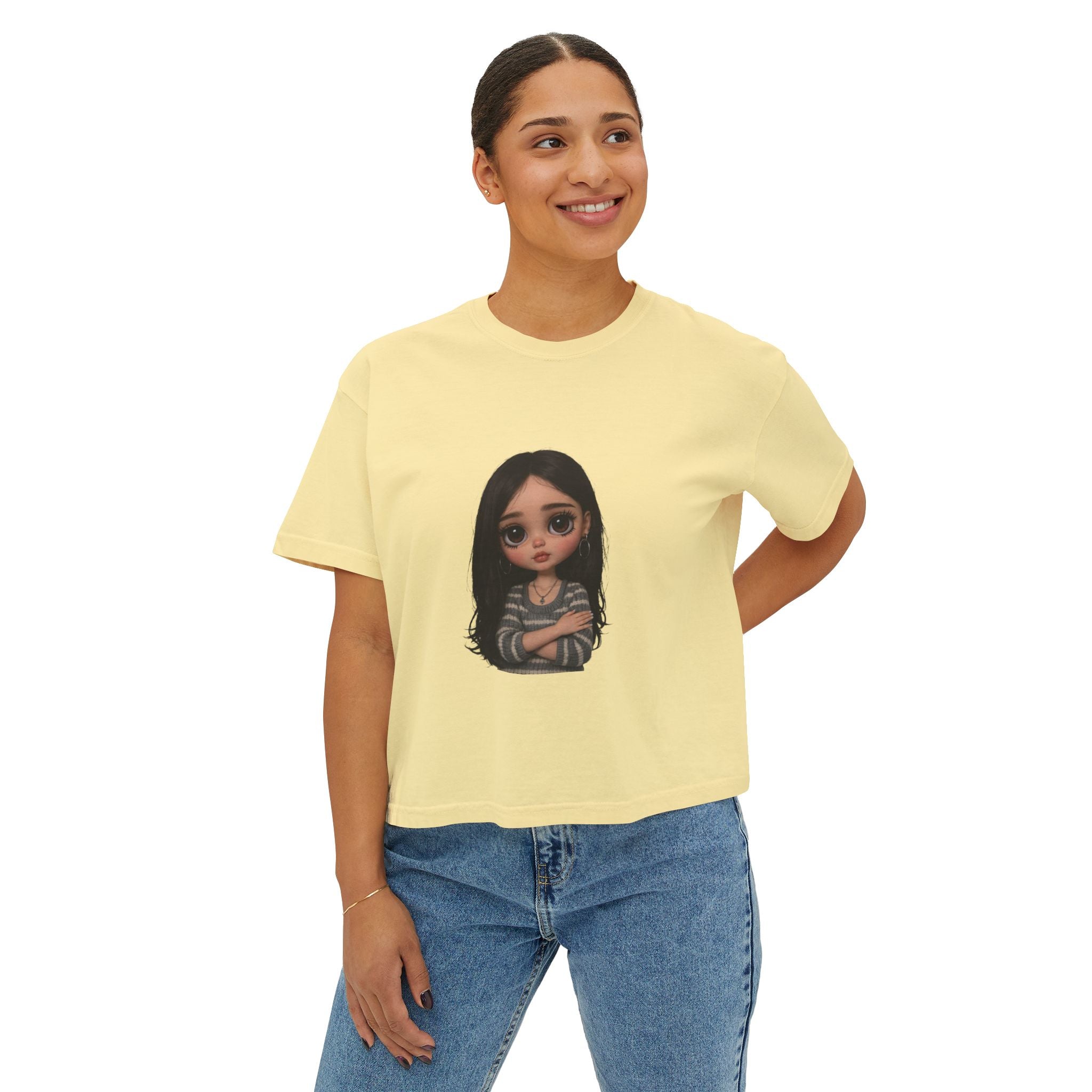 Cute Doll Graphic Boxy Tee — Long Black Hair Girl Illustration