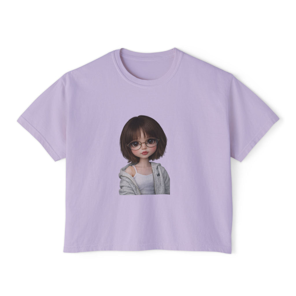 Cute Doll Face Women's Boxy Tee — Short Bob Glasses Graphic Top