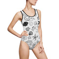 Beach Motif One-Piece Swimsuit — Black & White Seashell, Starfish & Sailboat Print
