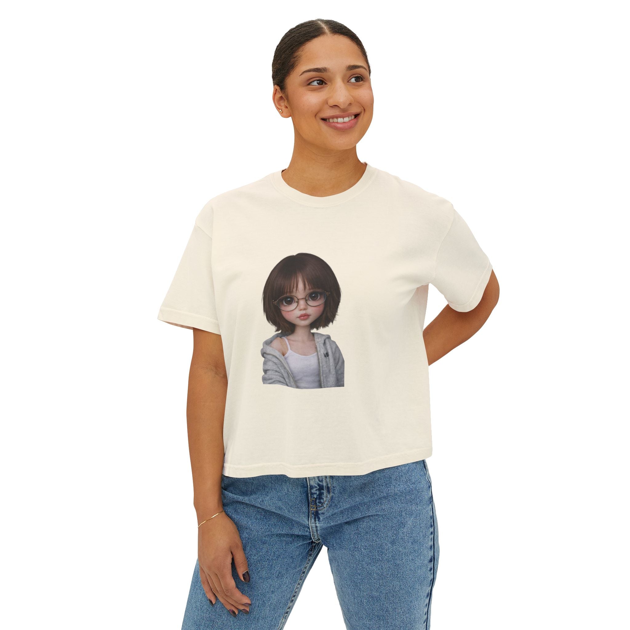 Cute Doll Face Women's Boxy Tee — Short Bob Glasses Graphic Top