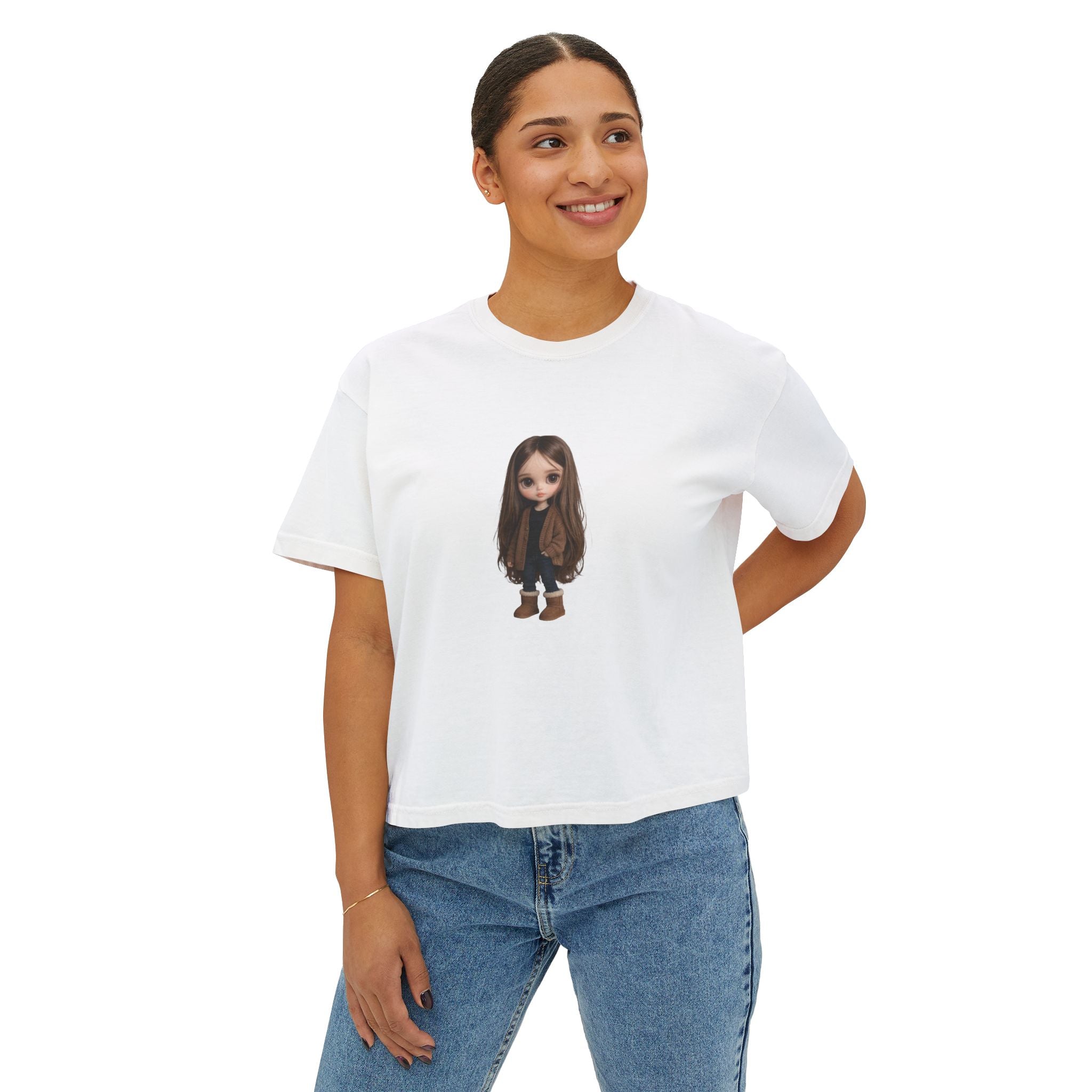 Cute Brown-Haired Doll Graphic Tee — Women's Boxy T-Shirt