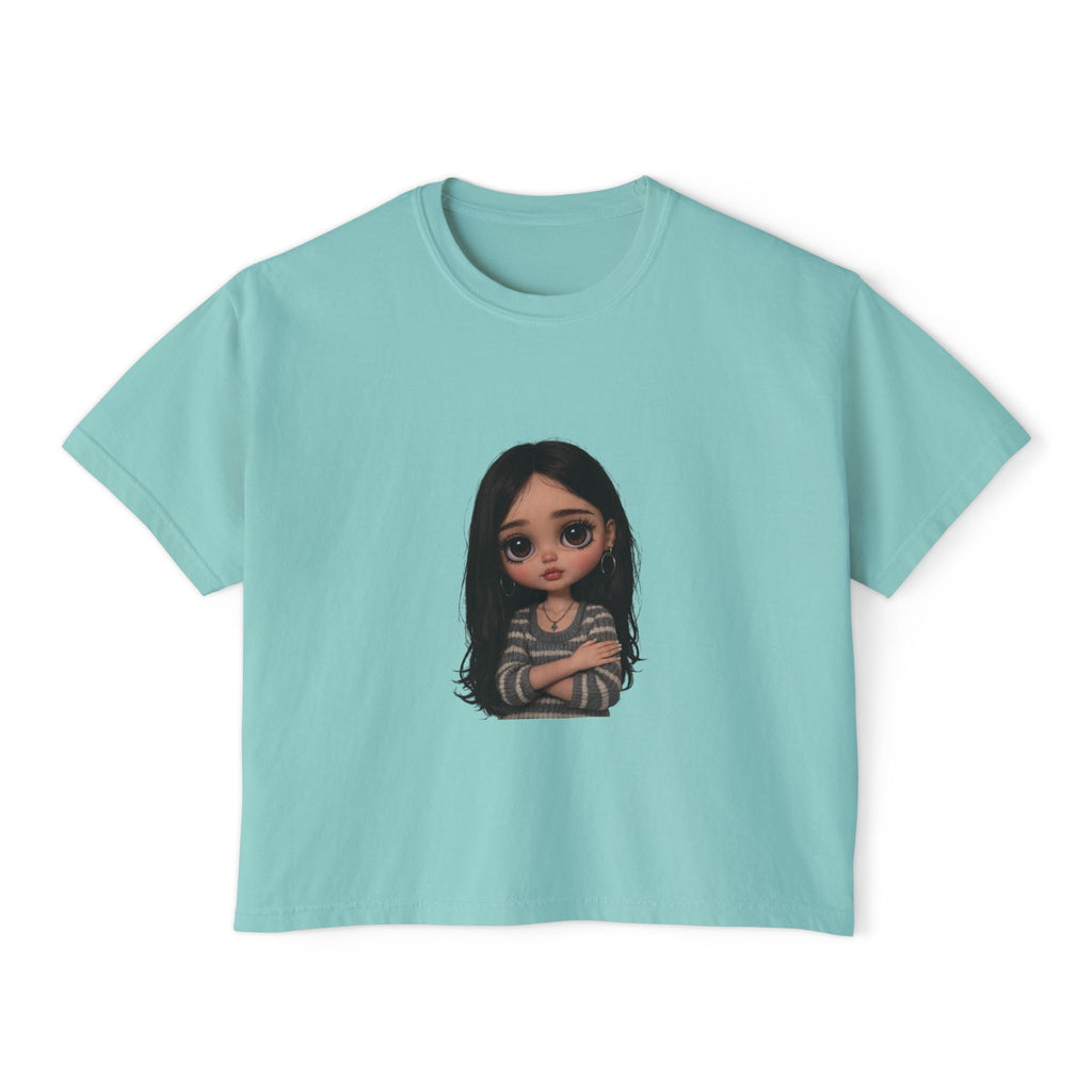 Cute Doll Graphic Boxy Tee — Long Black Hair Girl Illustration