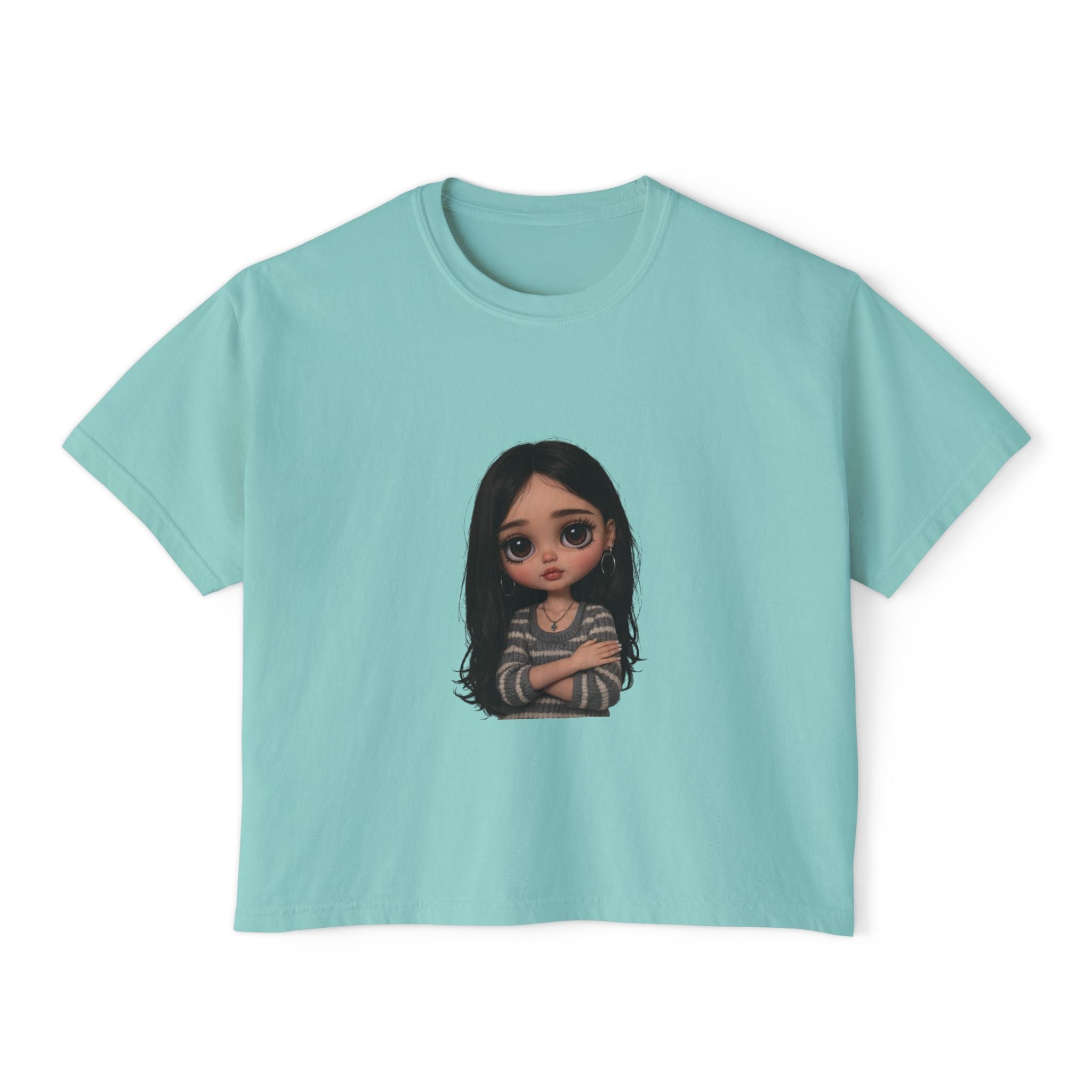 Cute Doll Graphic Boxy Tee — Long Black Hair Girl Illustration