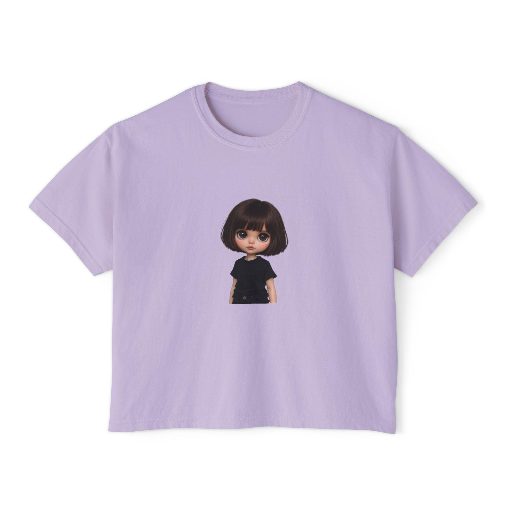 Boxy Tee with Cute Doll Graphic — Women's Casual Cropped T‑Shirt
