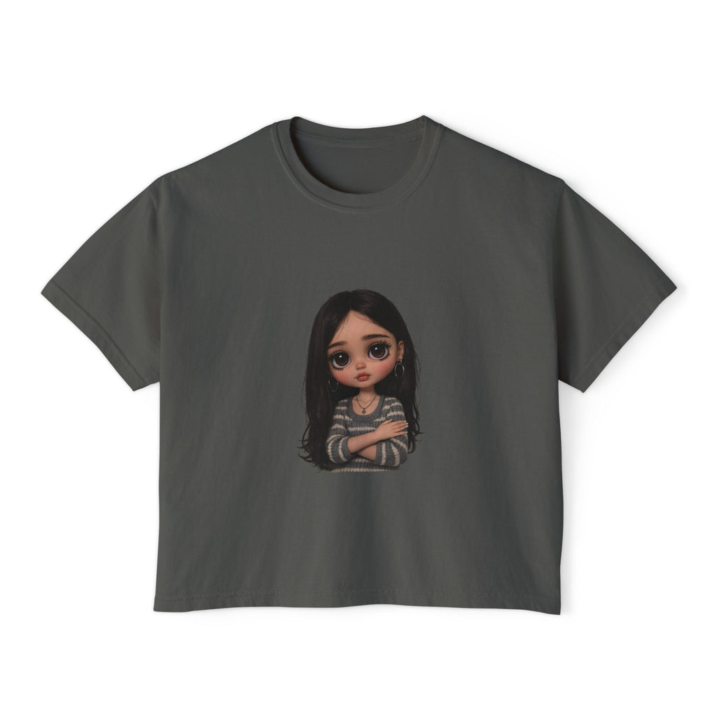 Cute Doll Graphic Boxy Tee — Long Black Hair Girl Illustration