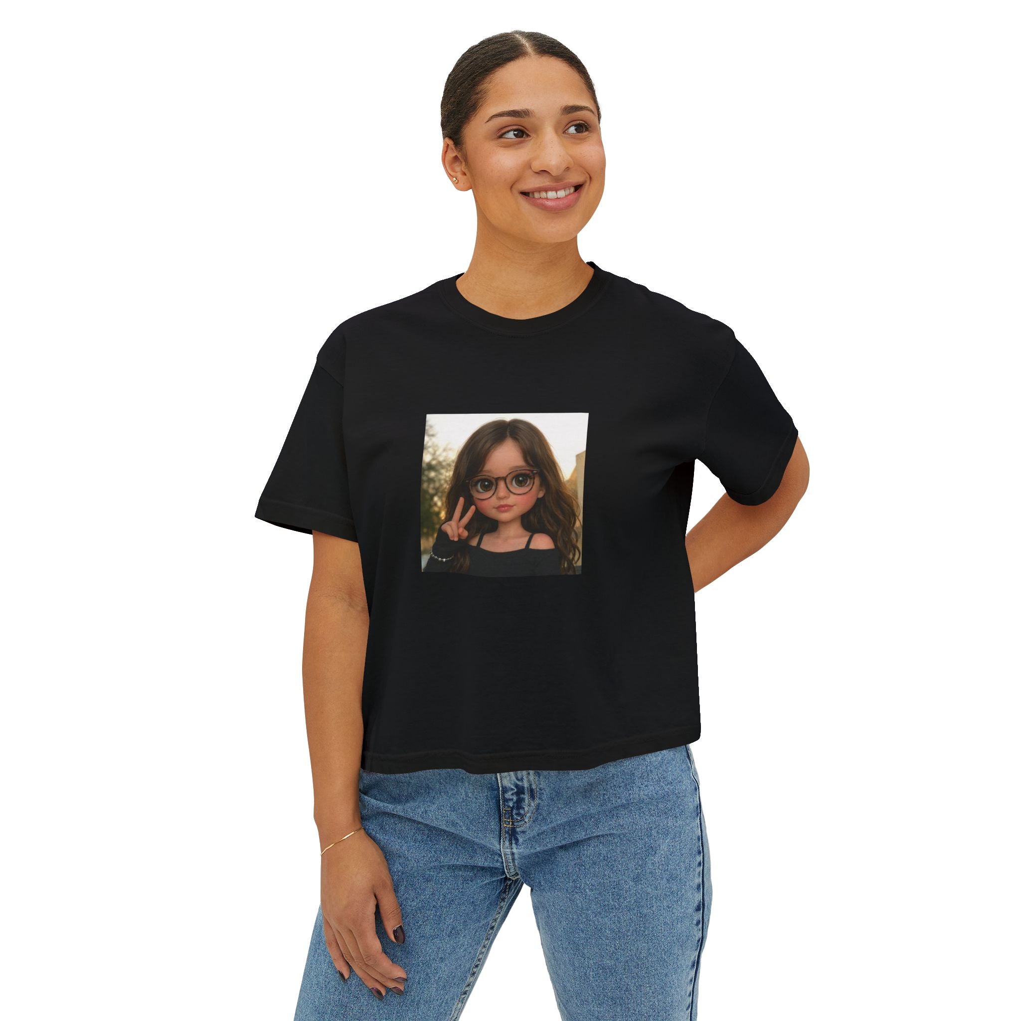 Boxy Tee — Cute Girl Photo Graphic Cropped T‑Shirt