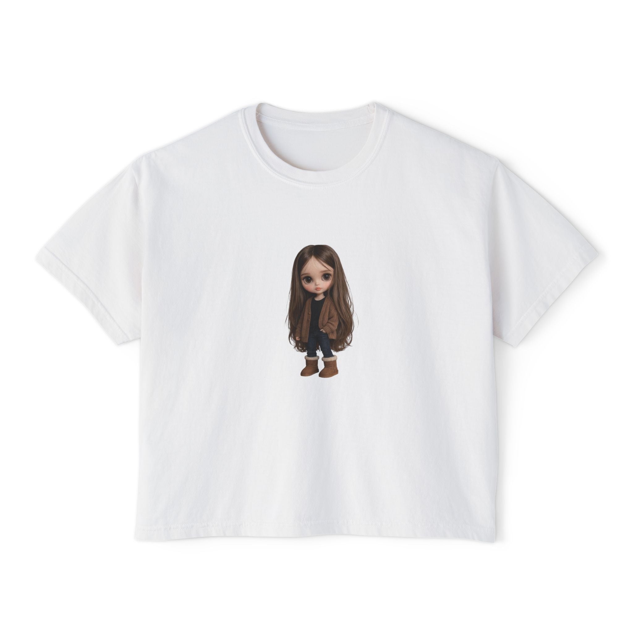 Cute Brown-Haired Doll Graphic Tee — Women's Boxy T-Shirt