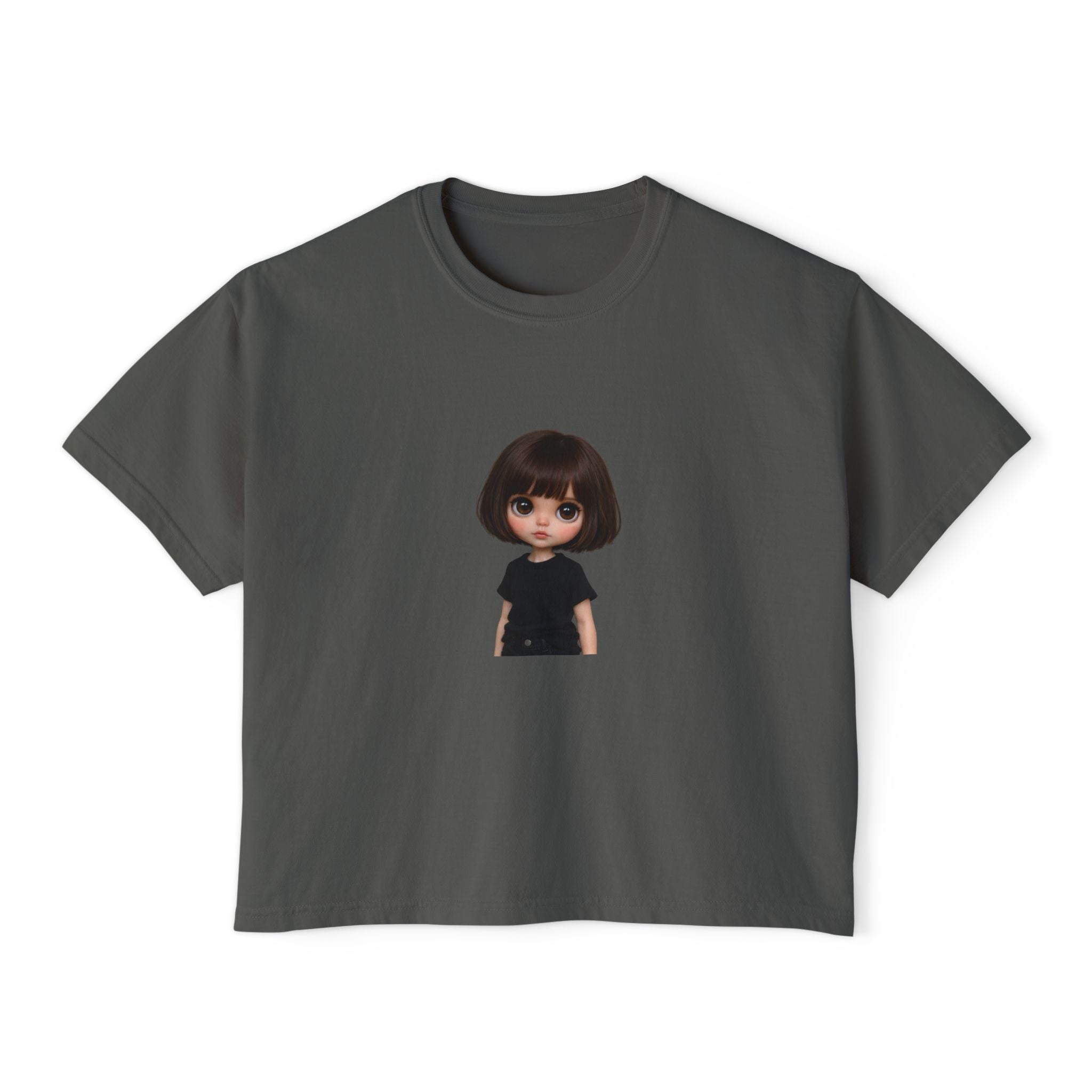 Boxy Tee with Cute Doll Graphic — Women's Casual Cropped T‑Shirt