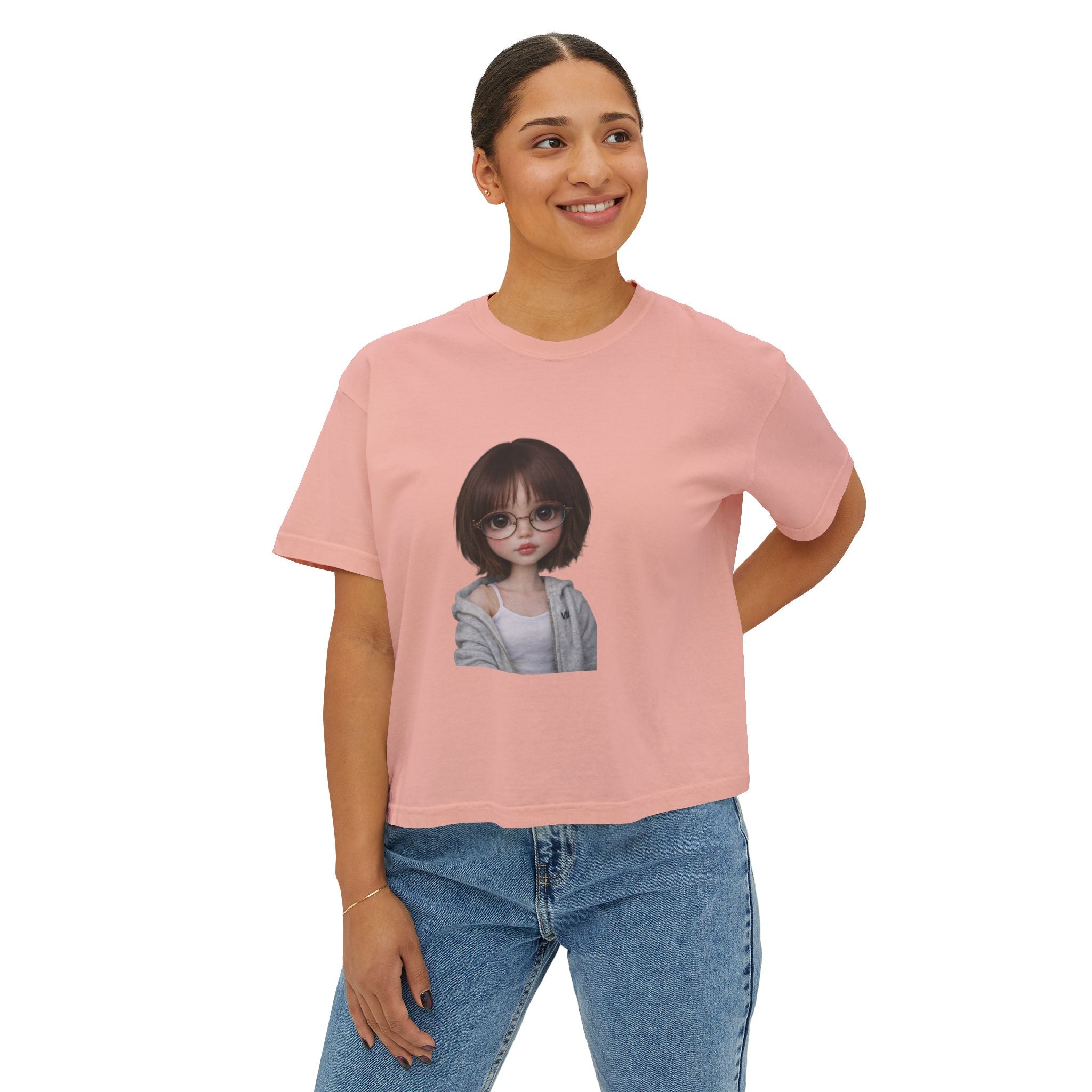 Cute Doll Face Women's Boxy Tee — Short Bob Glasses Graphic Top