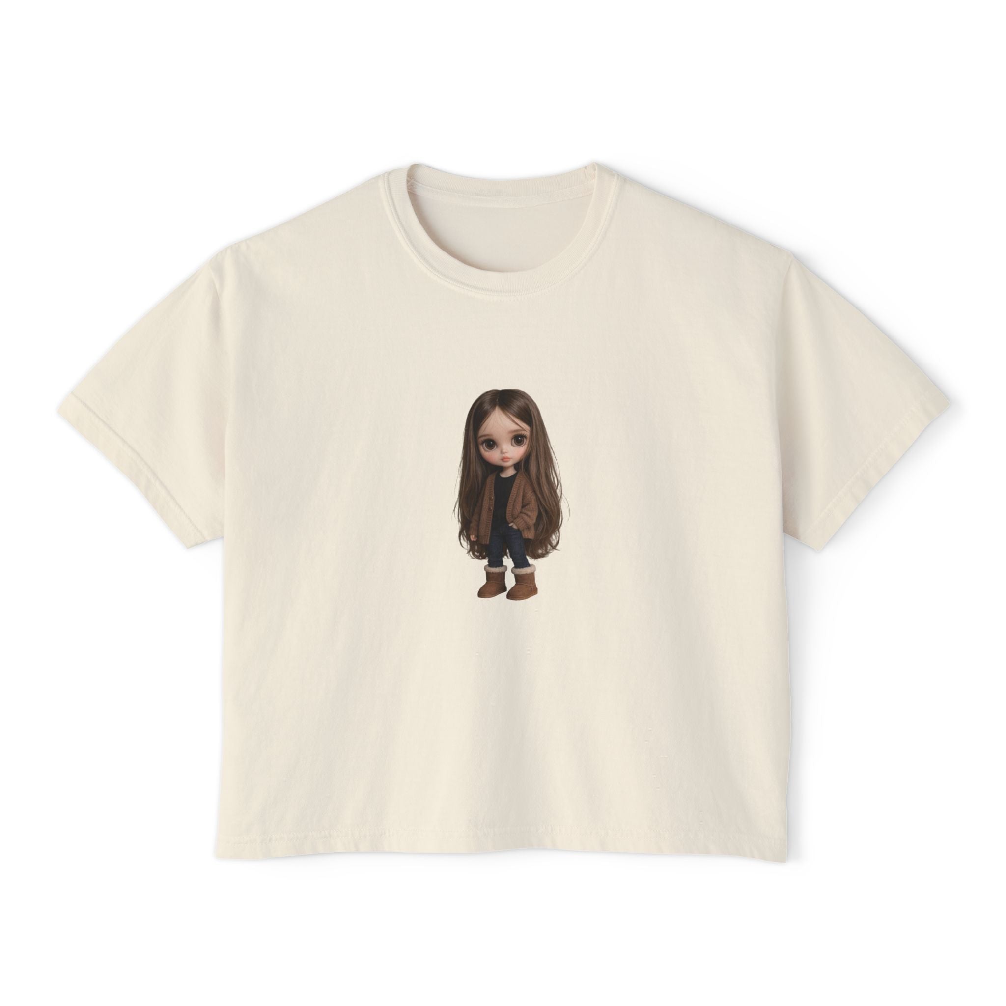 Cute Brown-Haired Doll Graphic Tee — Women's Boxy T-Shirt