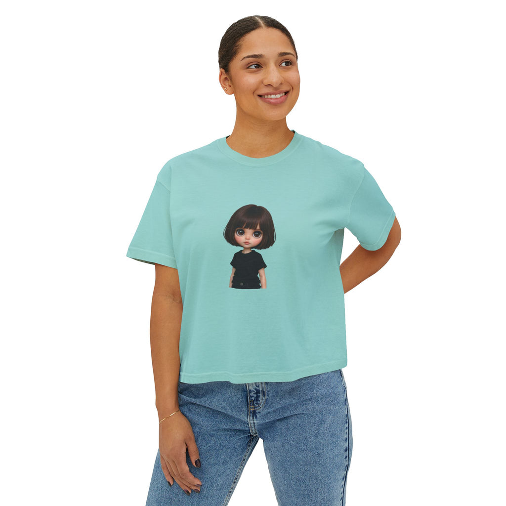 Boxy Tee with Cute Doll Graphic — Women's Casual Cropped T‑Shirt