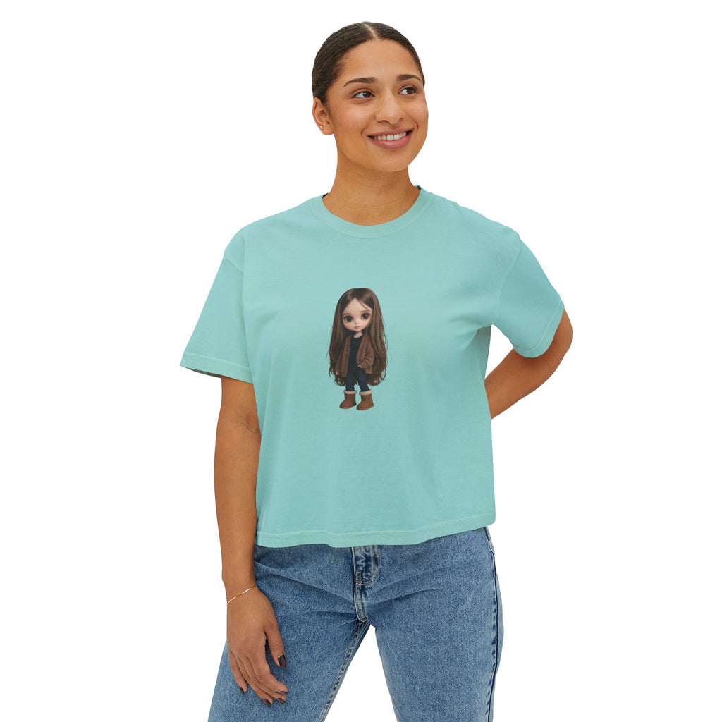 Cute Brown-Haired Doll Graphic Tee — Women's Boxy T-Shirt
