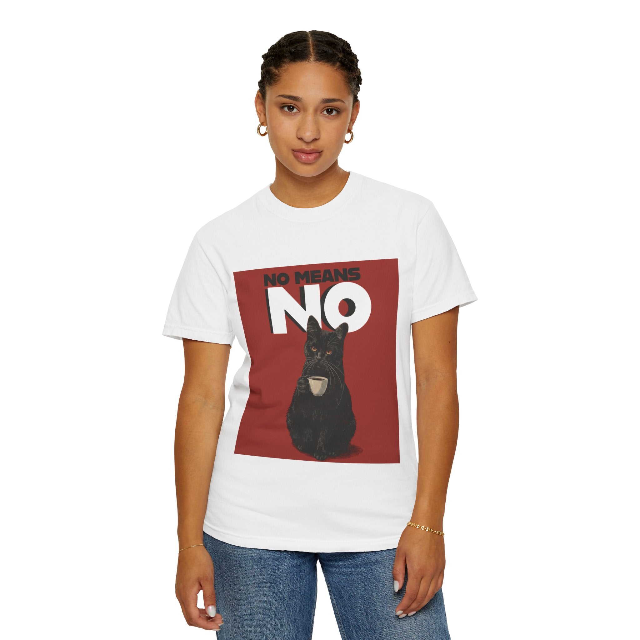 No Means No dog illustration T-Shirt | Black Dog on Red Background