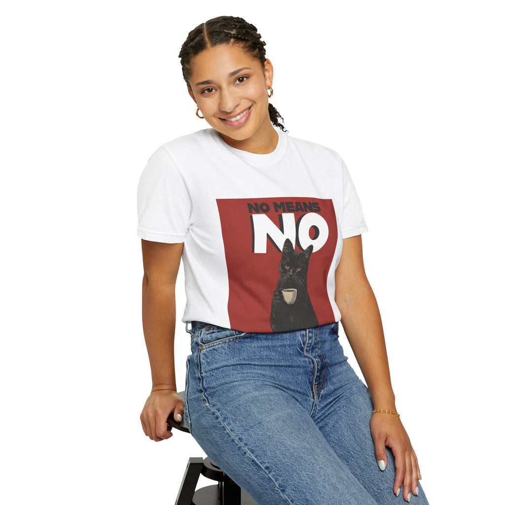 No Means No dog illustration T-Shirt | Black Dog on Red Background