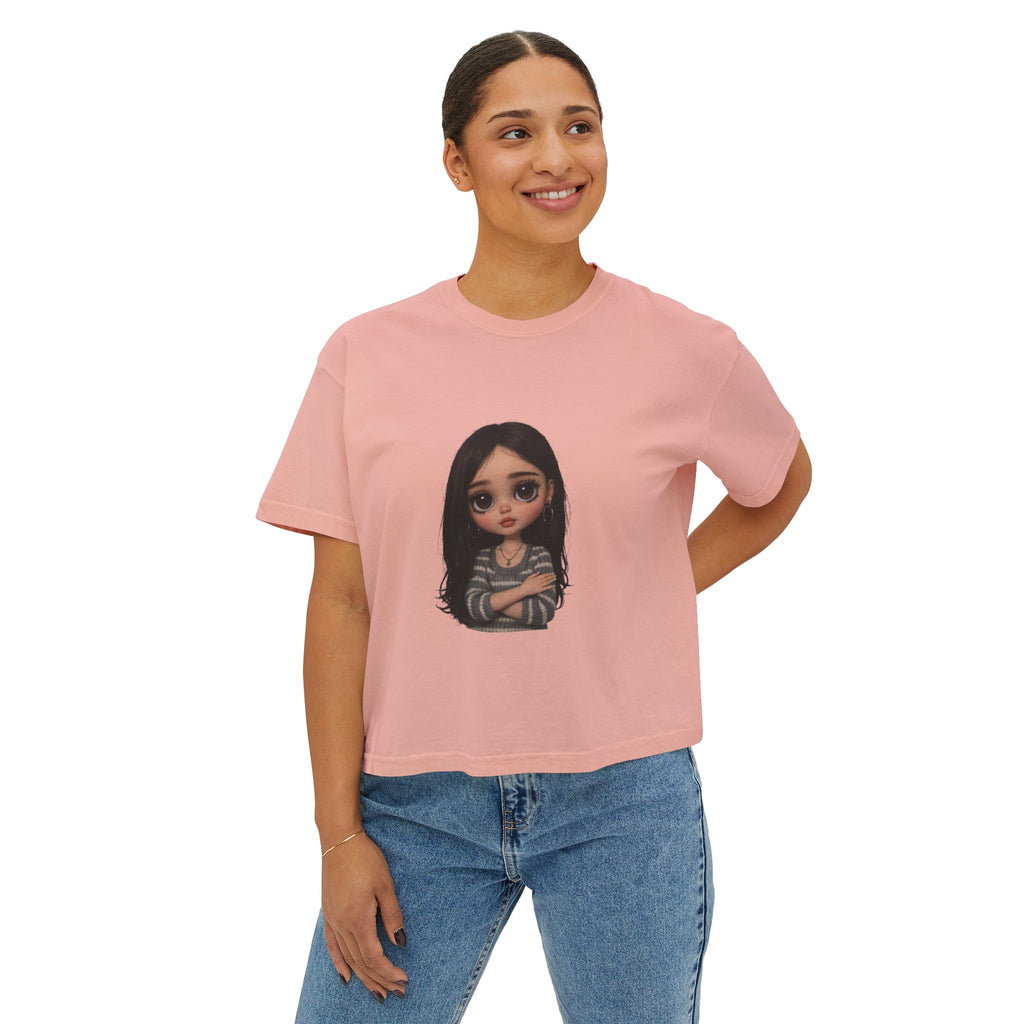 Cute Doll Graphic Boxy Tee — Long Black Hair Girl Illustration
