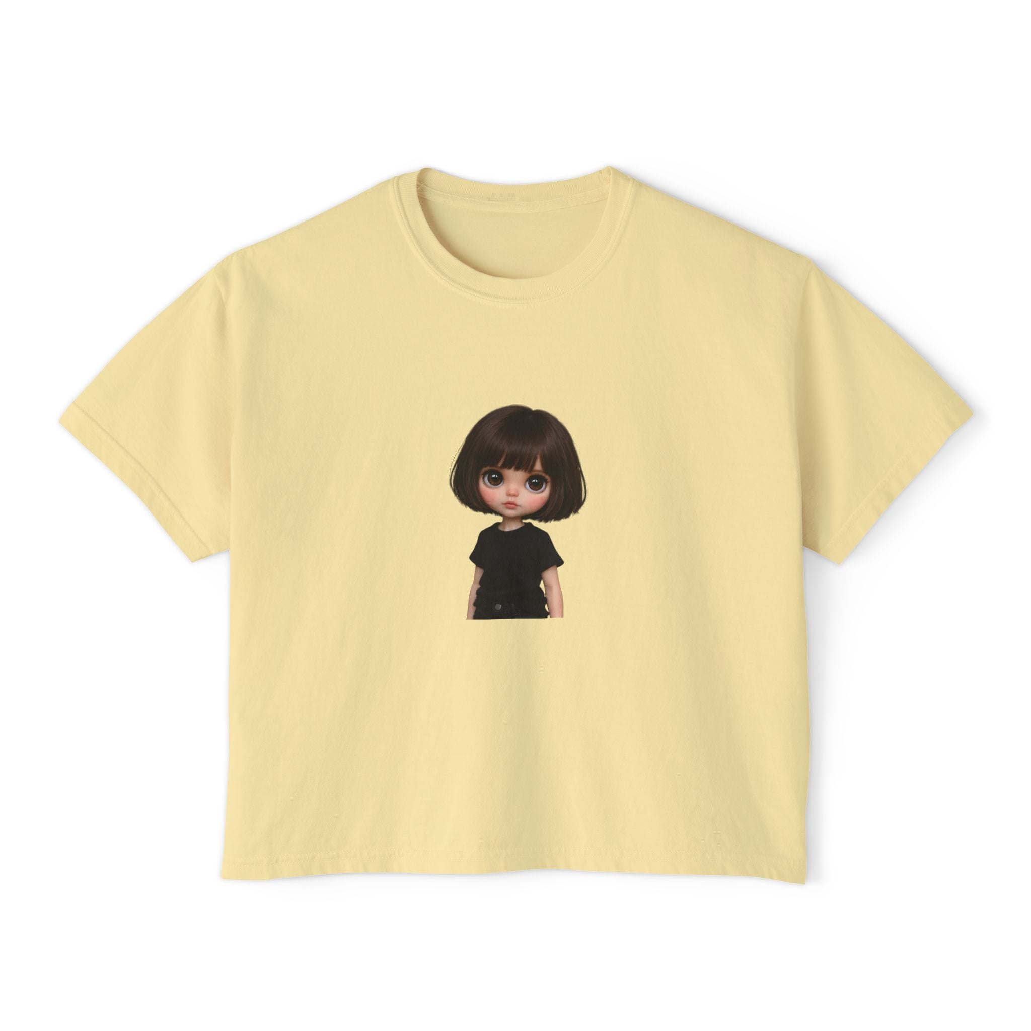 Boxy Tee with Cute Doll Graphic — Women's Casual Cropped T‑Shirt