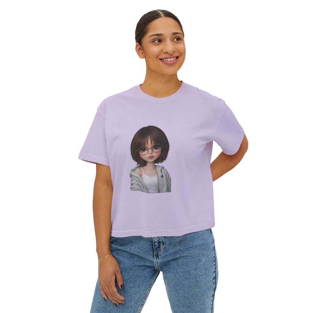 Cute Doll Face Women's Boxy Tee — Short Bob Glasses Graphic Top