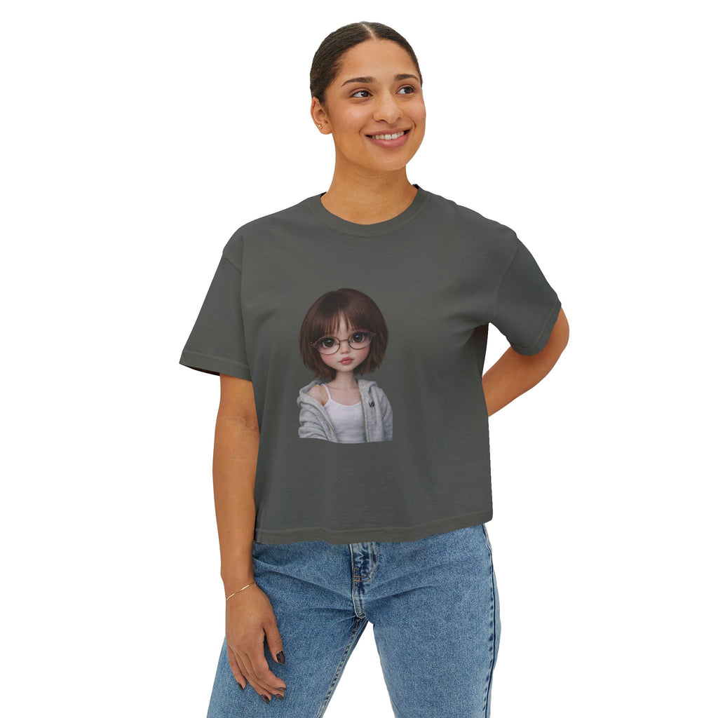 Cute Doll Face Women's Boxy Tee — Short Bob Glasses Graphic Top