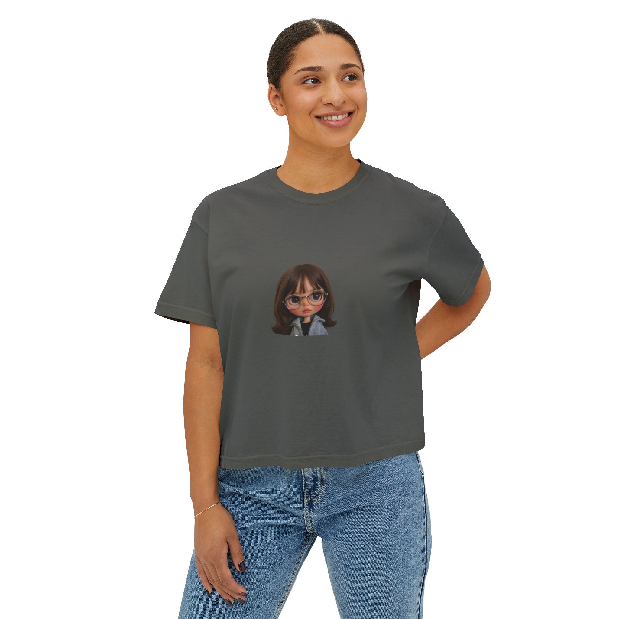 Boxy Tee — Cute Cartoon Girl Graphic Crop Shirt