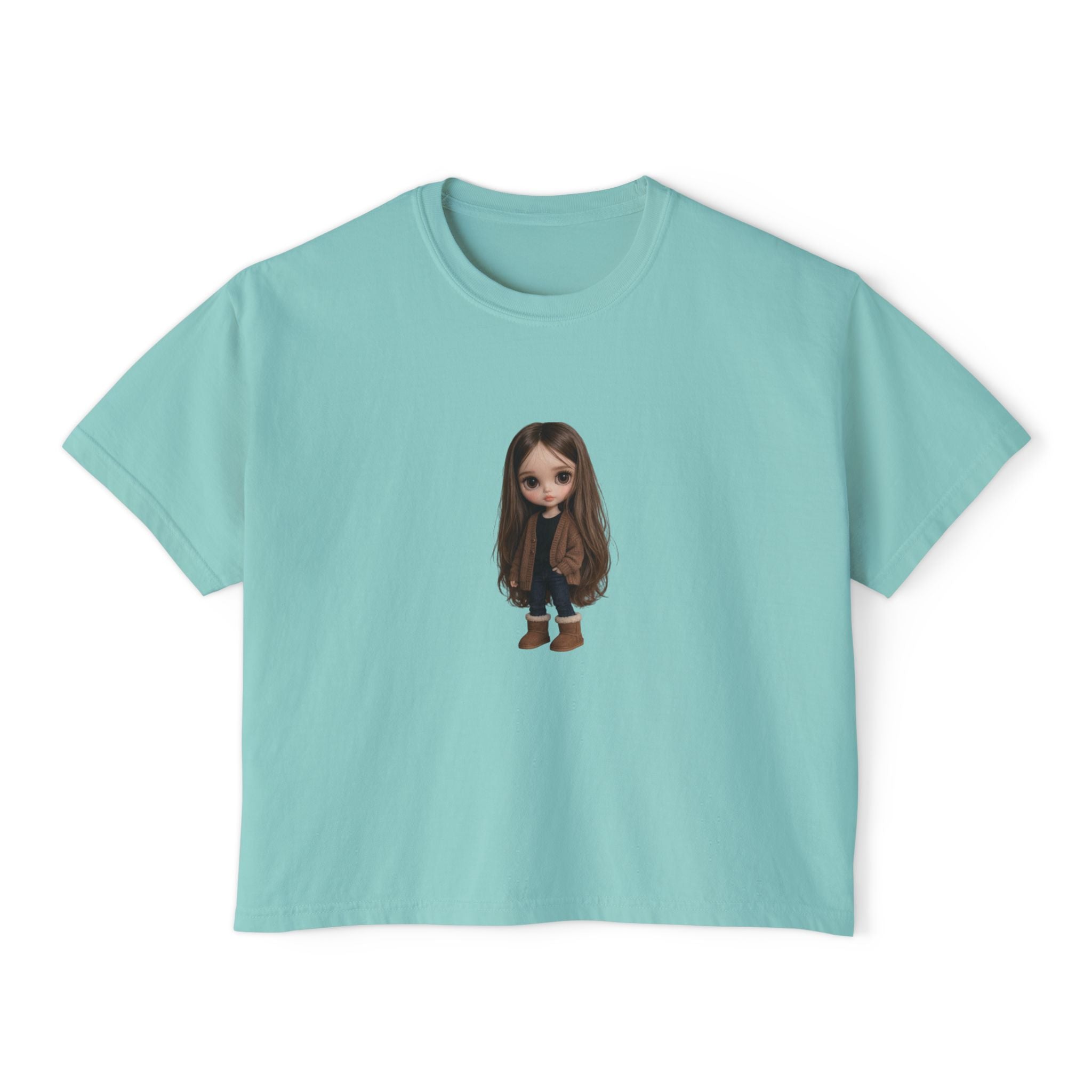Cute Brown-Haired Doll Graphic Tee — Women's Boxy T-Shirt