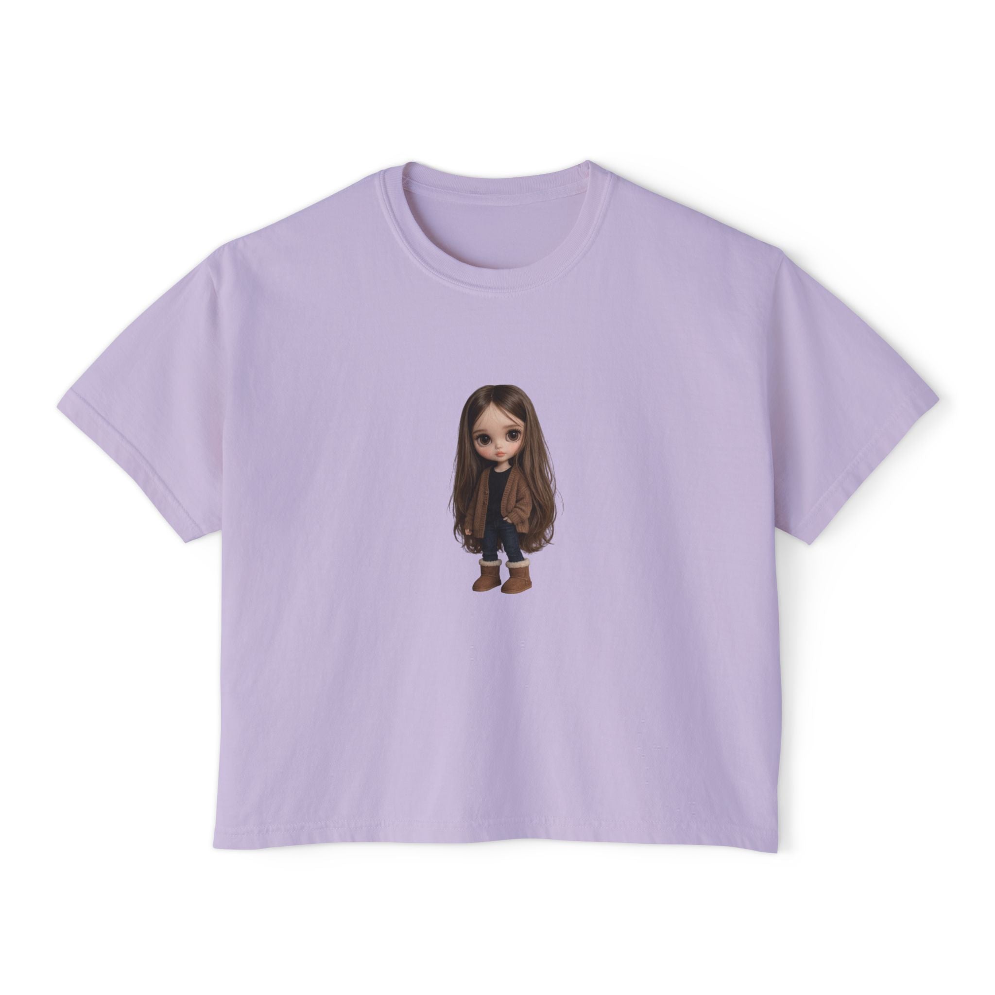 Cute Brown-Haired Doll Graphic Tee — Women's Boxy T-Shirt