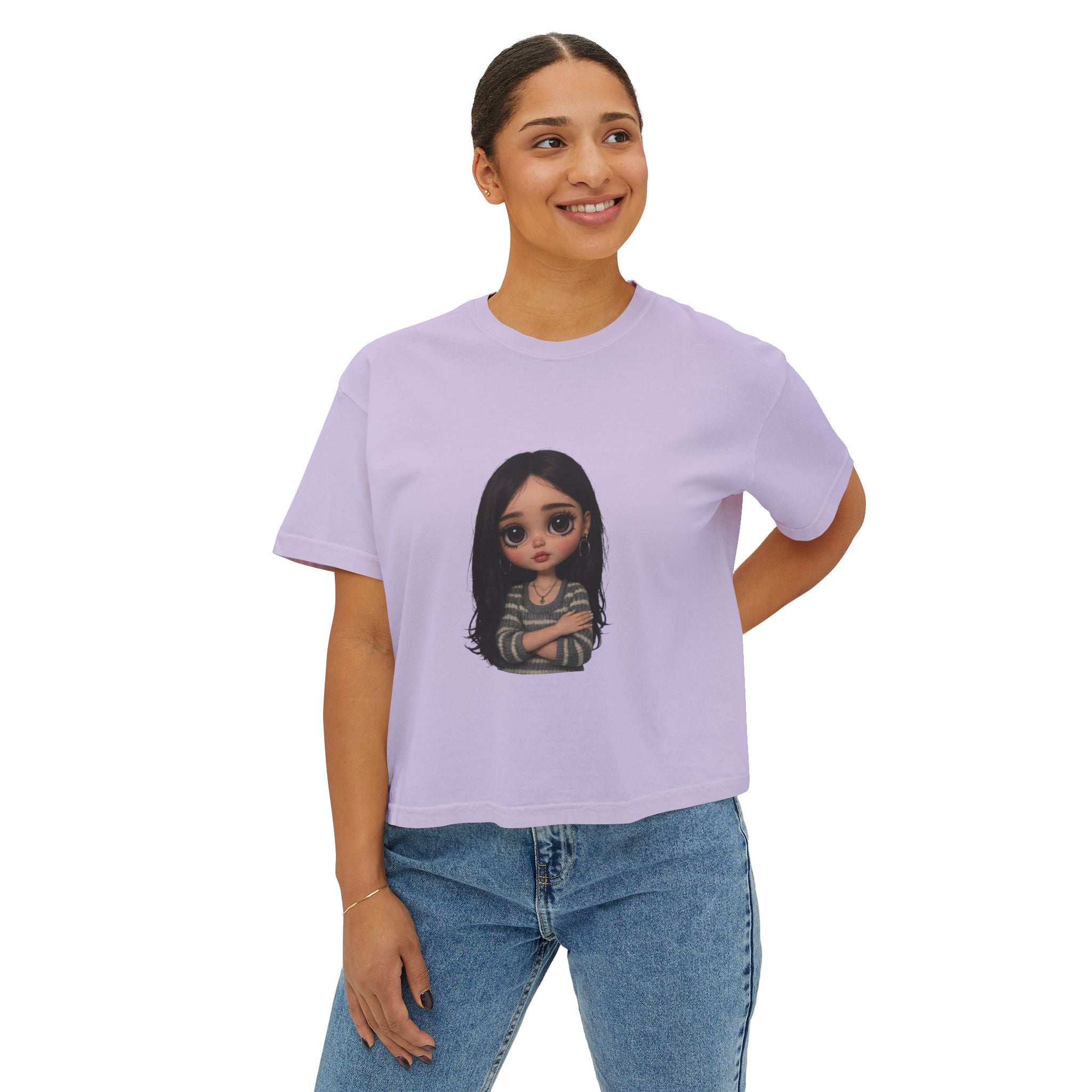 Cute Doll Graphic Boxy Tee — Long Black Hair Girl Illustration