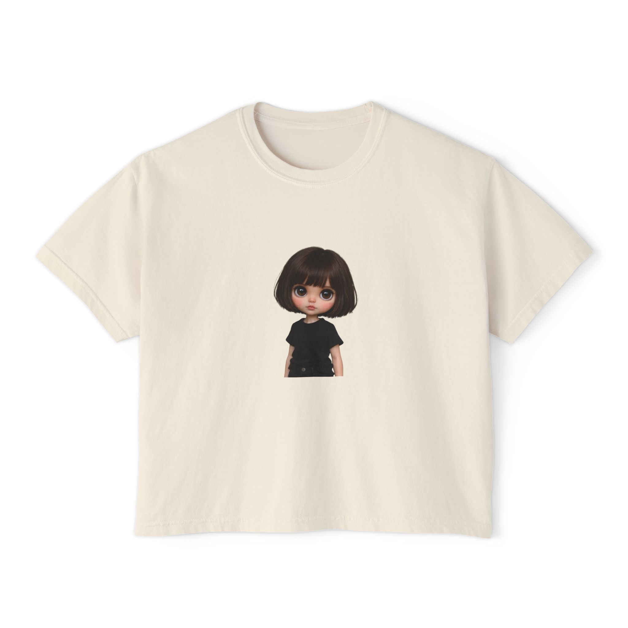 Boxy Tee with Cute Doll Graphic — Women's Casual Cropped T‑Shirt