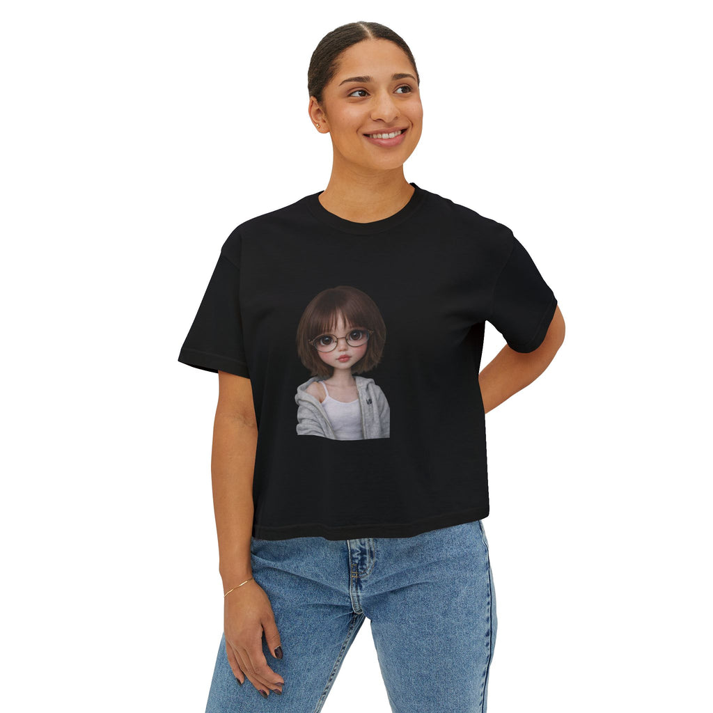 Cute Doll Face Women's Boxy Tee — Short Bob Glasses Graphic Top