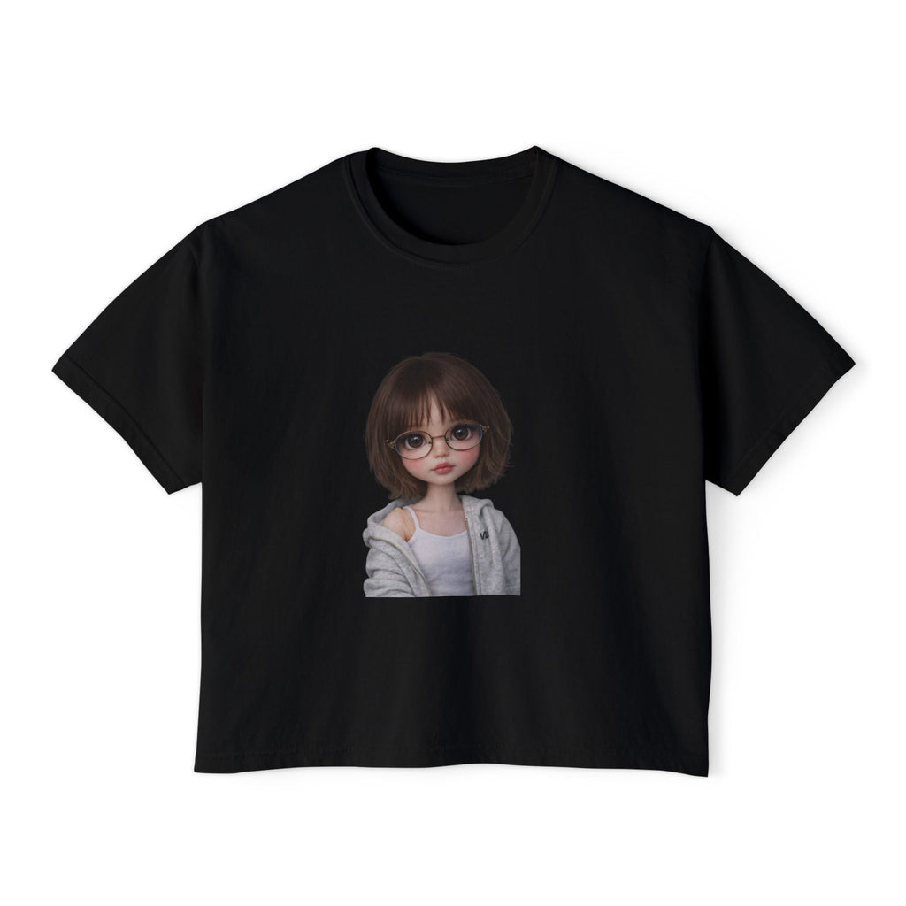 Cute Doll Face Women's Boxy Tee — Short Bob Glasses Graphic Top