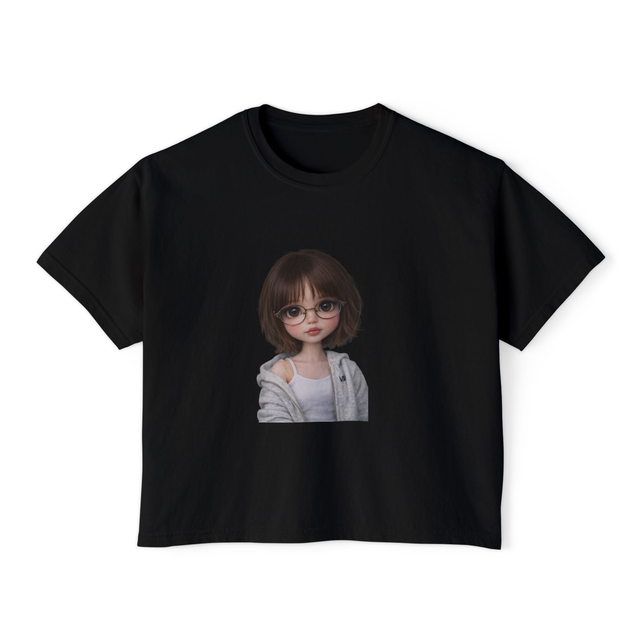 Cute Doll Face Women's Boxy Tee — Short Bob Glasses Graphic Top